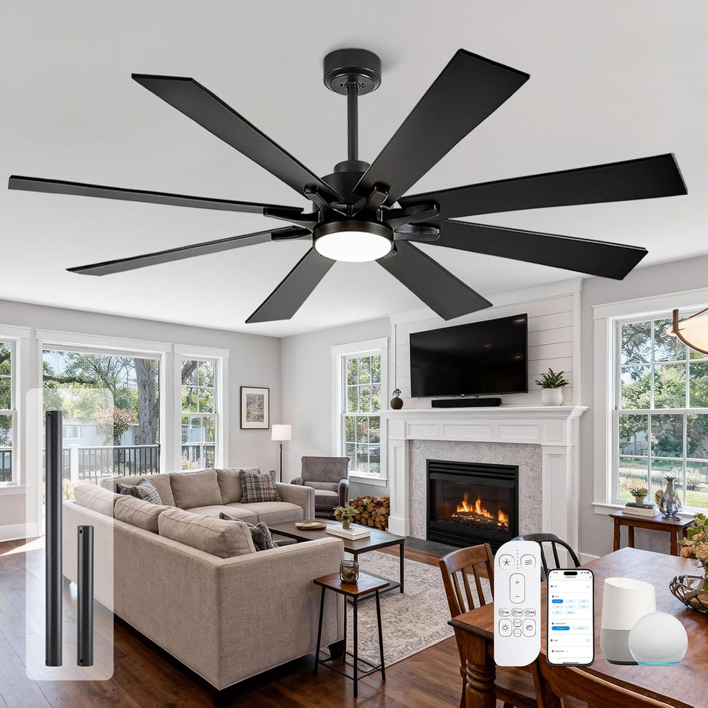 72 inch Large Ceiling Fans with Lights and Remote, Black Modern Outdoor Ceiling Fan for Patio, 6 Speed Reversible High Speed Quiet DC Motor, Damp Rated for Indoor Exterior Garage Use