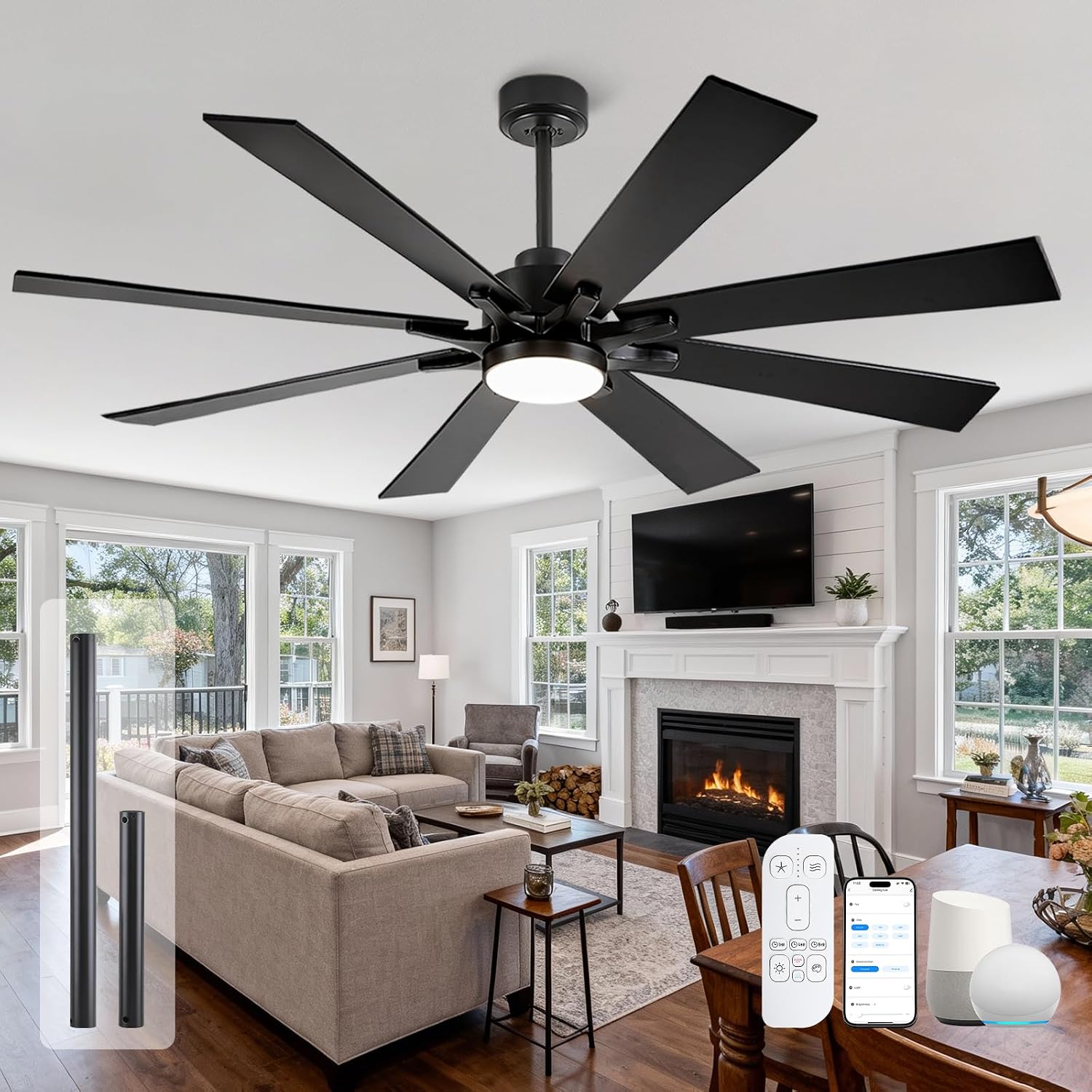 72 inch Large Ceiling Fans with Lights and Remote, Black Modern Outdoor Ceiling Fan for Patio, 6 Speed Reversible High Speed Quiet DC Motor, Damp Rated for Indoor Exterior Garage Use