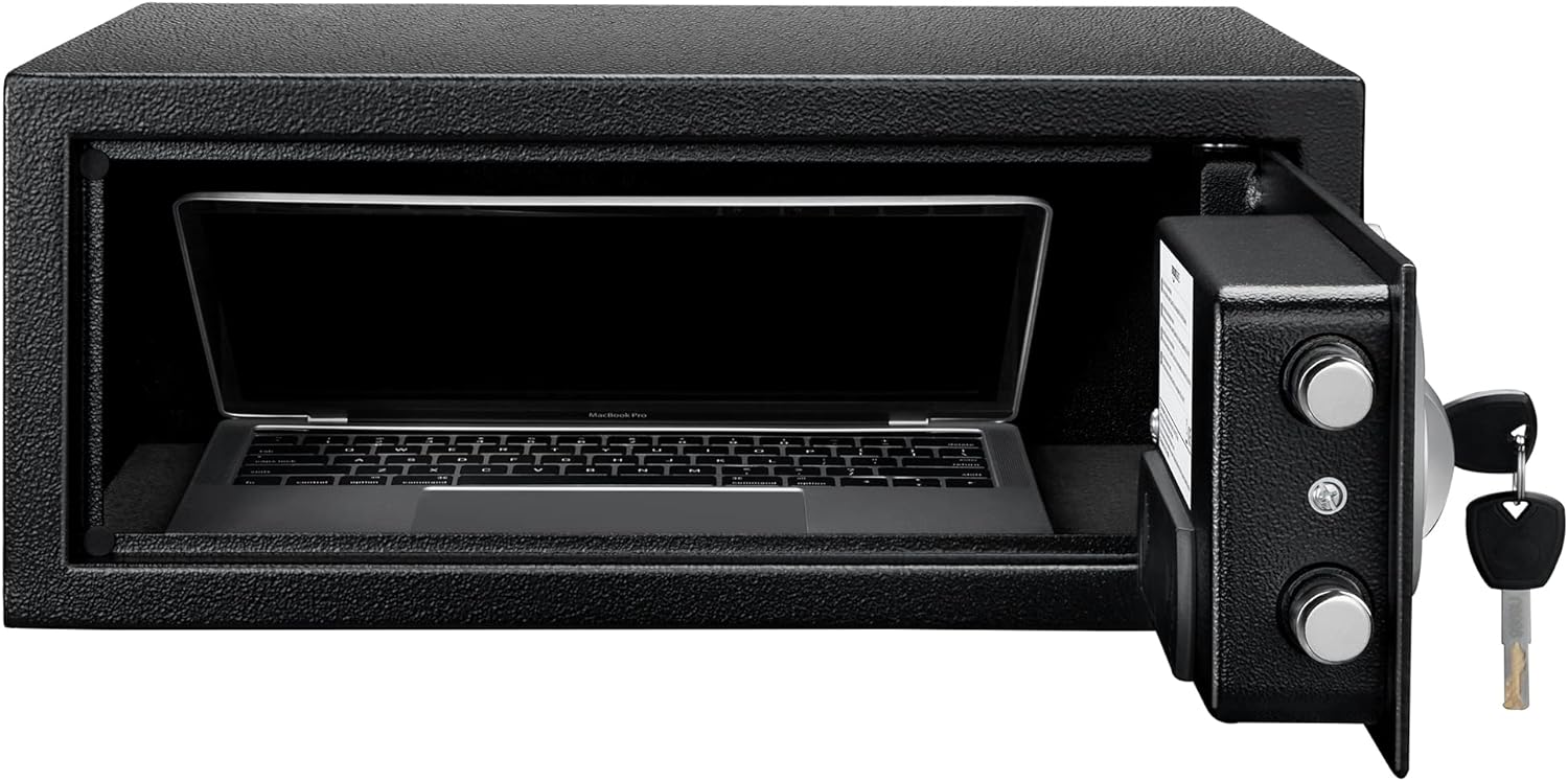 Amazon Basics Steel Security Safe and Lock Box with Digital Keypad, Electronic Lock, Emergency Key Open, Secure Cash, Jewelry, Documents, Black, 0.7 Cubic Feet, 16.9-x-14.6-x-7.1-inches (WxDxH)