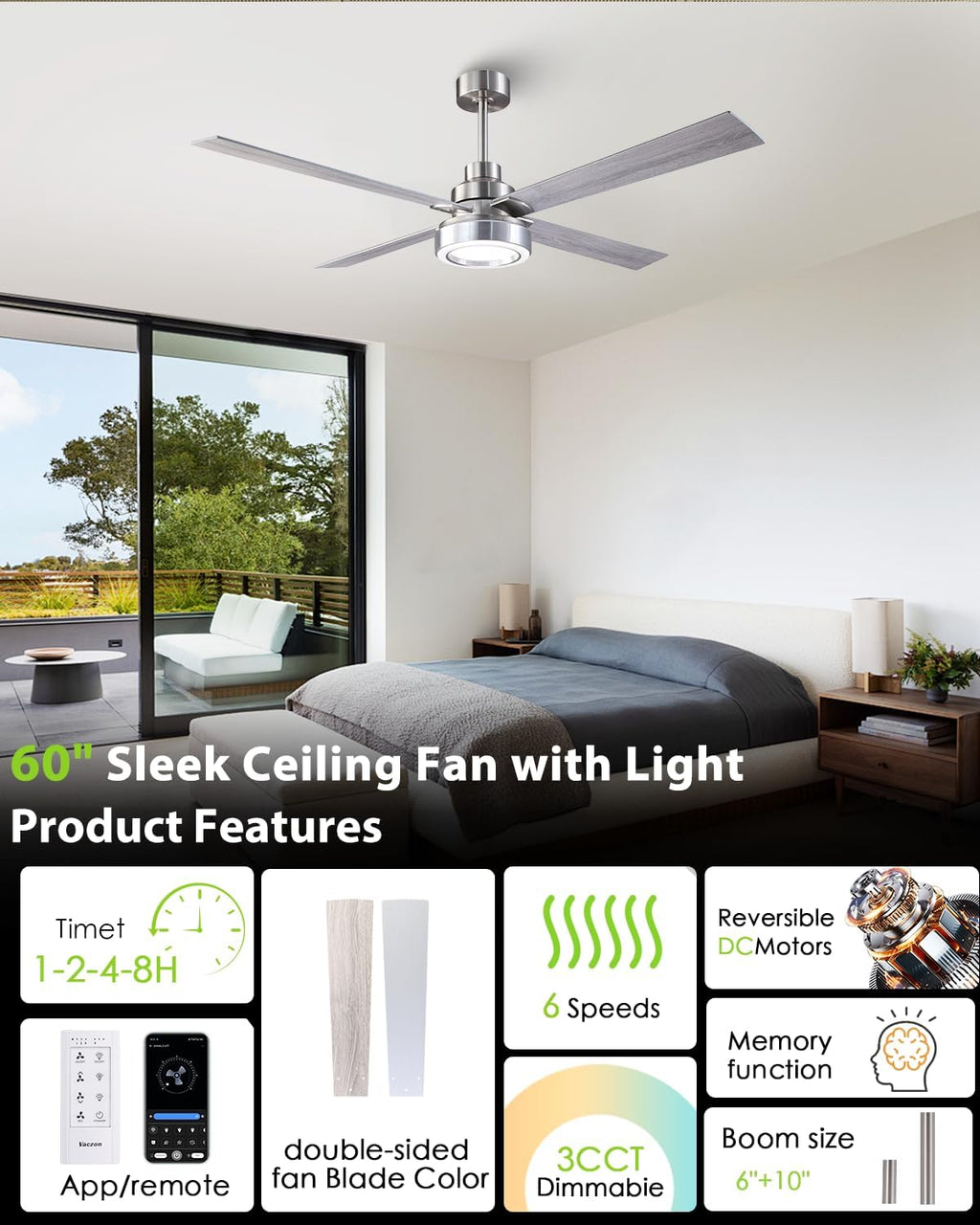 60 Inch Large Brushed Nickel Ceiling Fans with Lights and Remote/APP - Modern Sleek Indoor Outdoor Ceiling Fan for House, Living Room, Shop, Garage Silver Ceiling Fan, 3CCT Dimmable, 6 Speeds