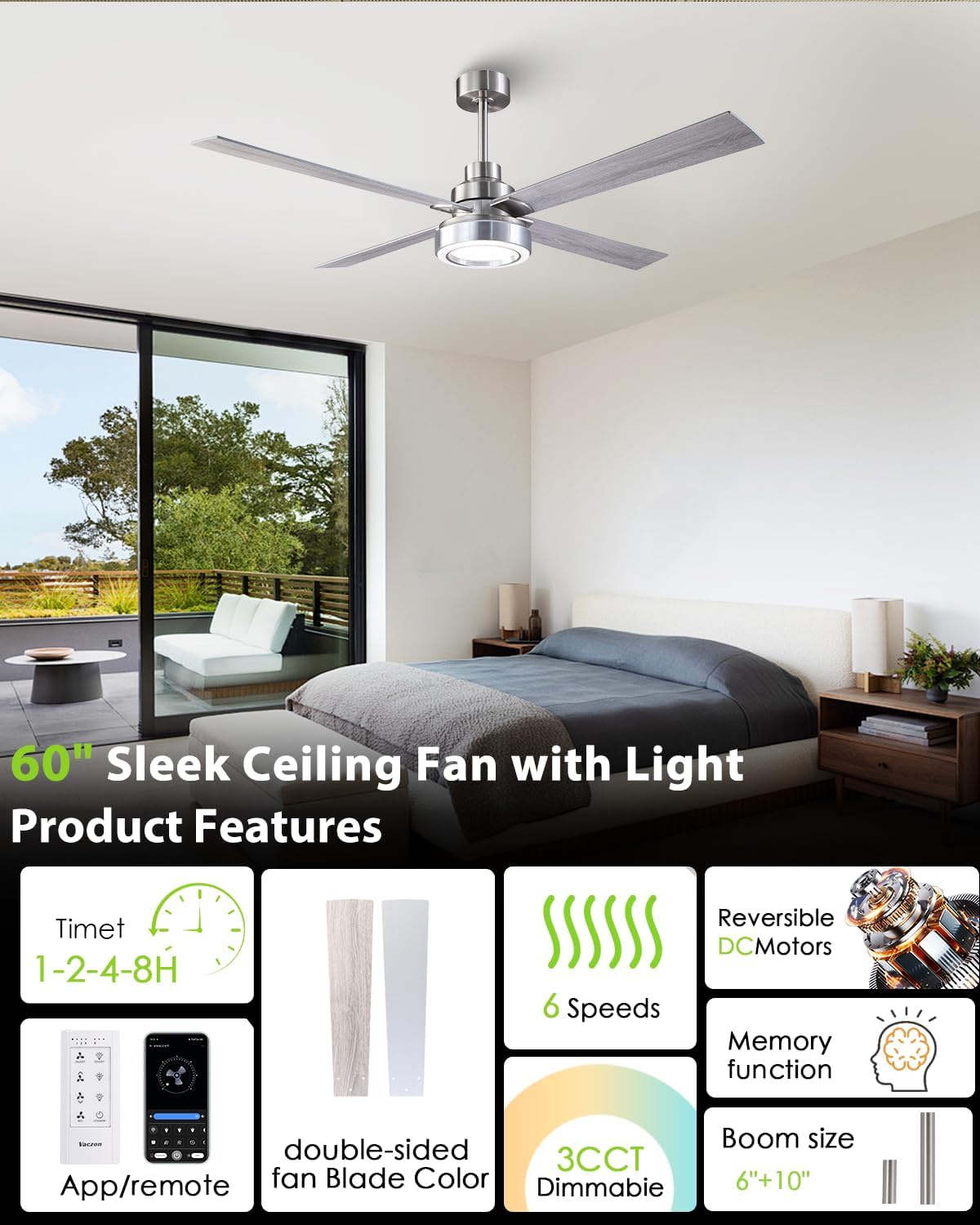 60 Inch Large Brushed Nickel Ceiling Fans with Lights and Remote/APP - Modern Sleek Indoor Outdoor Ceiling Fan for House, Living Room, Shop, Garage Silver Ceiling Fan, 3CCT Dimmable, 6 Speeds