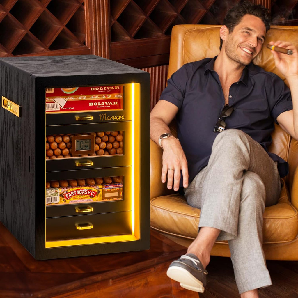 Cigar Humidor, Desktop Humidor Cabinet Triple-Sided Light with Digital Hygrometer, Humidifier and Humidity Packs. 4 Cedar Wood Drawers, Cigar Humidor Box can Hold 200 Cigars,Present for Men