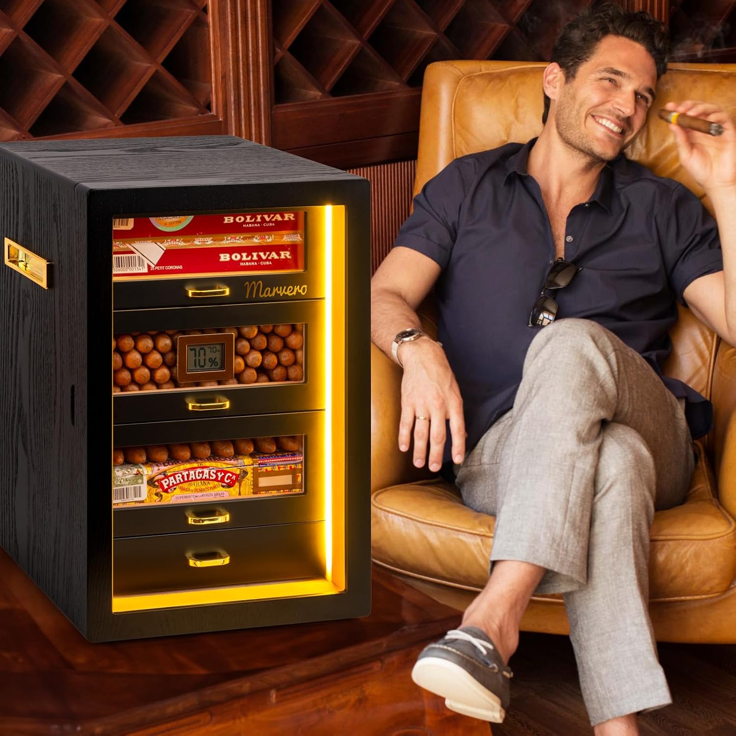 Cigar Humidor, Desktop Humidor Cabinet Triple-Sided Light with Digital Hygrometer, Humidifier and Humidity Packs. 4 Cedar Wood Drawers, Cigar Humidor Box can Hold 200 Cigars,Present for Men