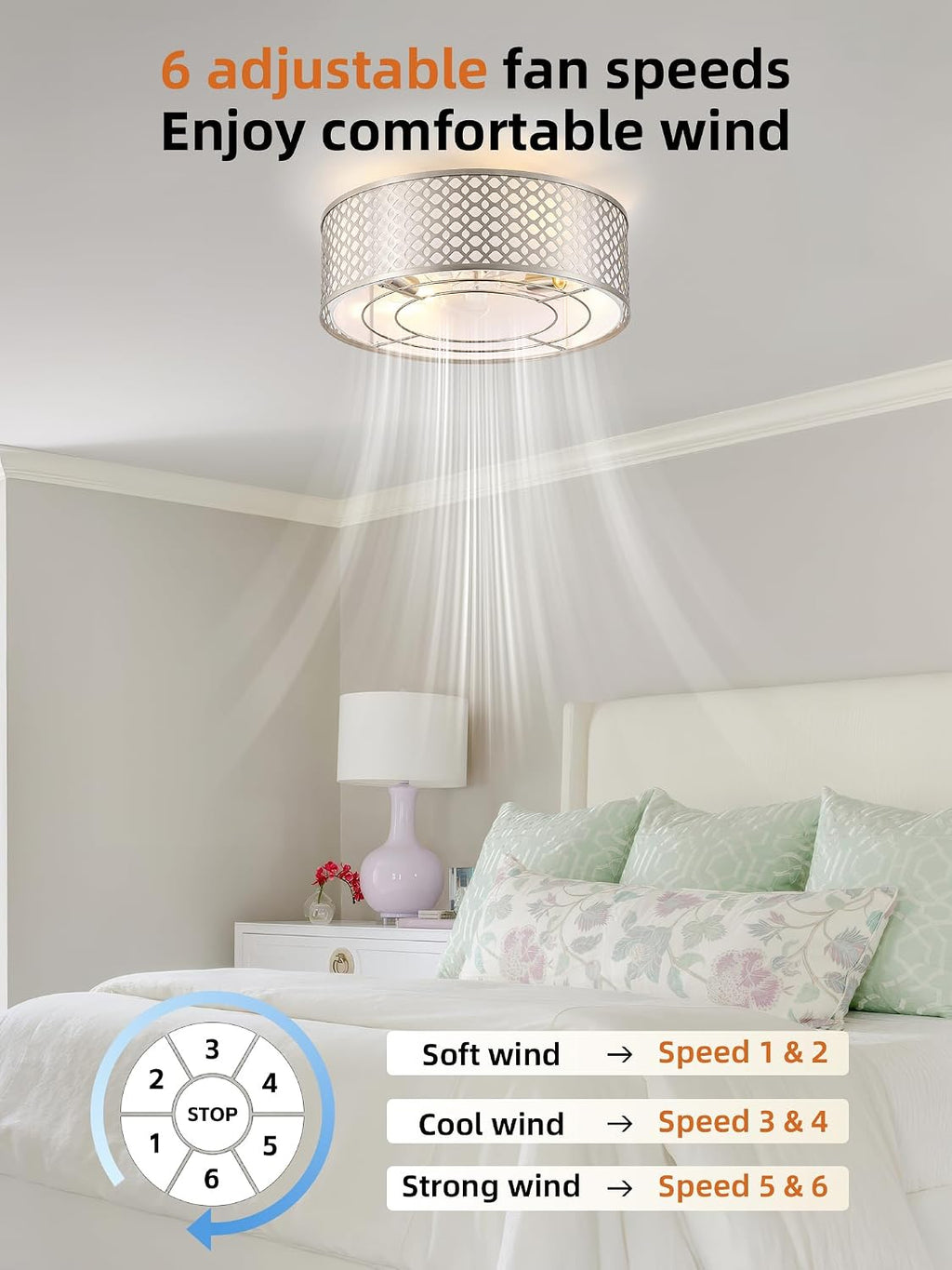 20' Silver Ceiling Fan with Light Flush Mount, Caged Boho Ceiling Fans with Lights Remote Control, Round with 6 Speeds for Bedroom, Nursery, Living Room