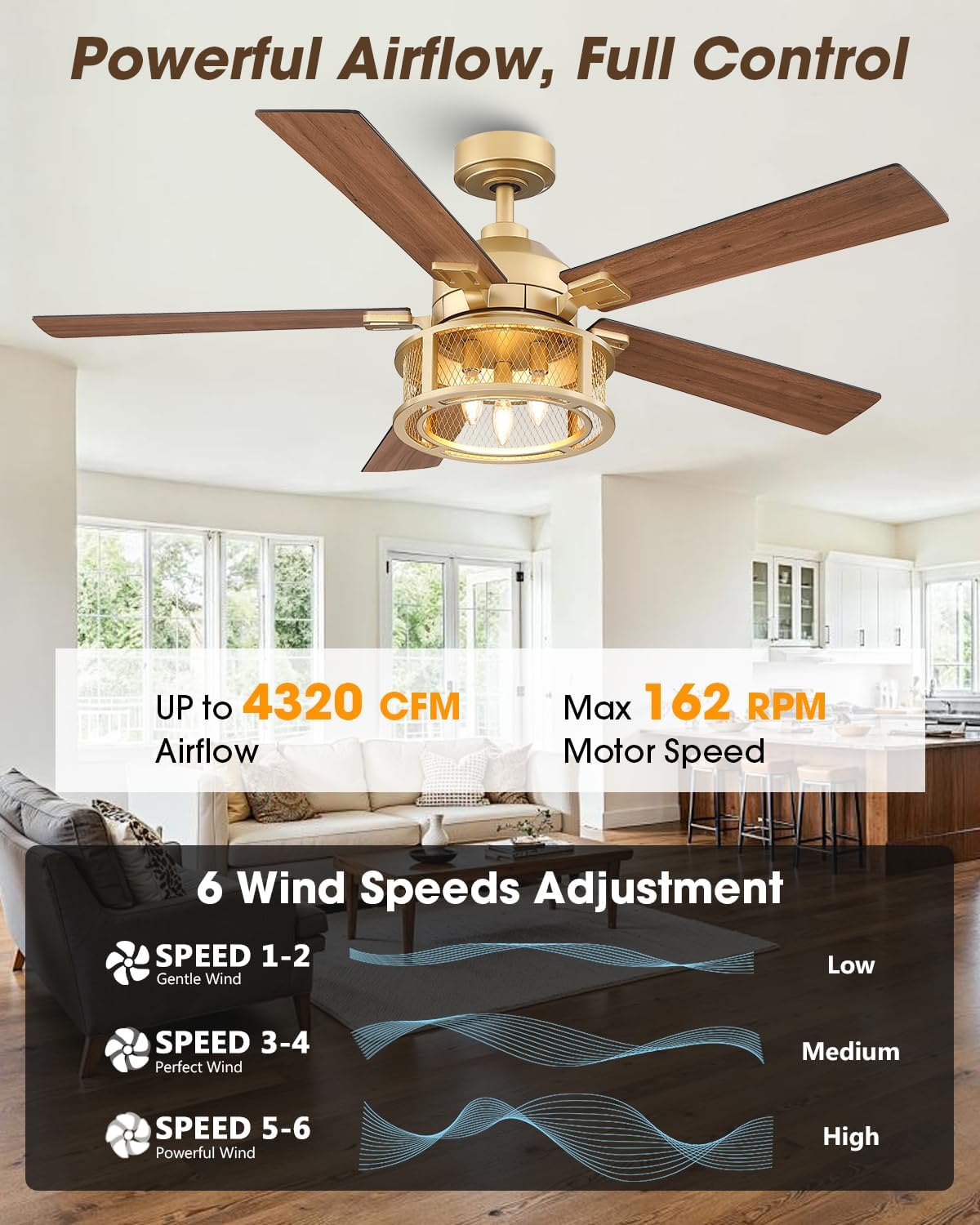Parrot Uncle 52 Inch Ceiling Fan with Lights and Remote, Rustic Gold Ceiling Fan for Living Room Bedroom, 2 Color Blades, 3 Speeds,3 CCT,Timing and Memory Function(Bulb not included)