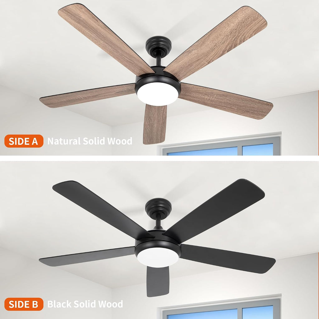 Ceiling Fans with Lights,52 inch Ceiling Fan with Remote,5 Dual Blades,3 Color Light,DC Motor,6 Speed,for Bedroom/Outdoor/Farmhouse/Patios,Wood Ceiling Fan Black