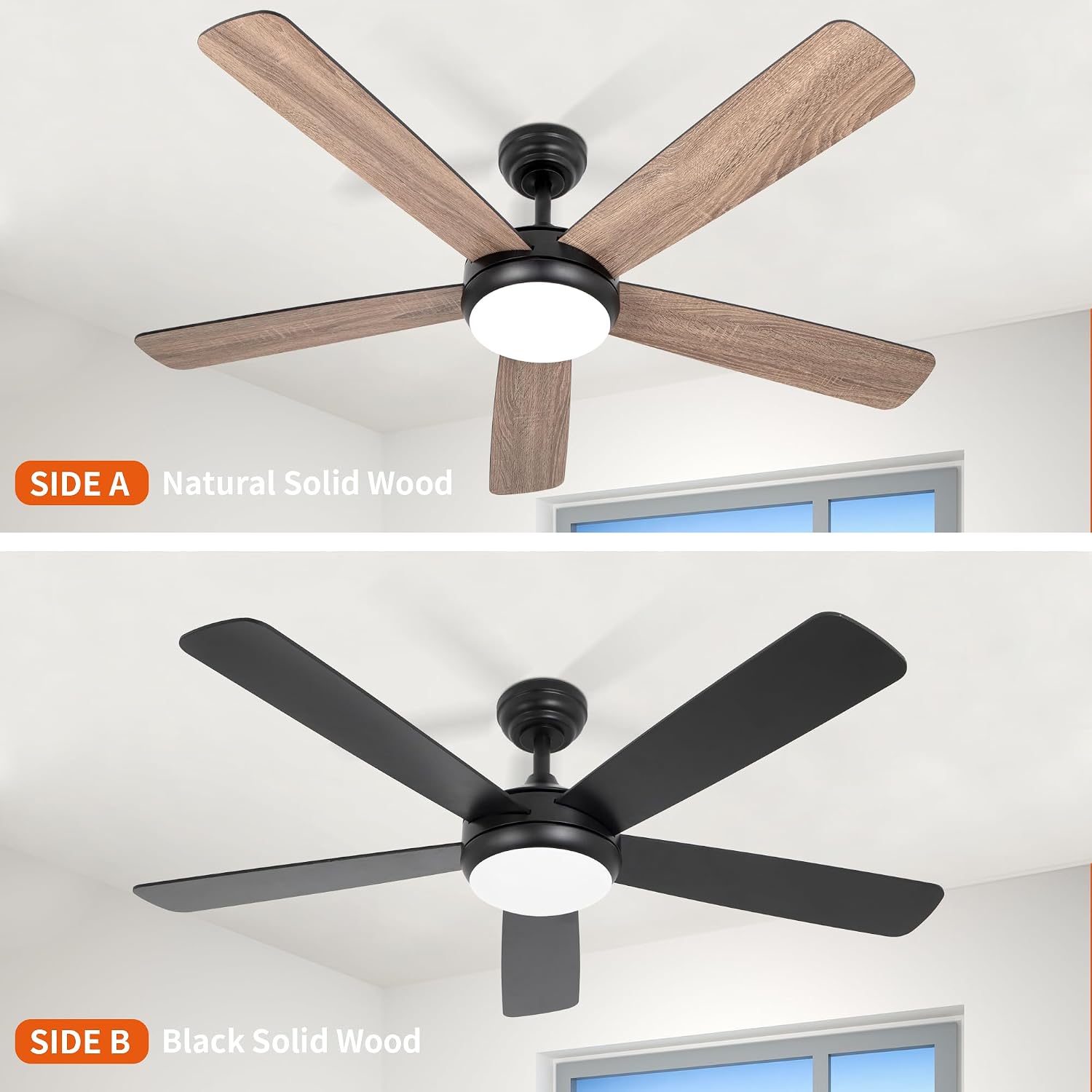 Ceiling Fans with Lights,52 inch Ceiling Fan with Remote,5 Dual Blades,3 Color Light,DC Motor,6 Speed,for Bedroom/Outdoor/Farmhouse/Patios,Wood Ceiling Fan Black