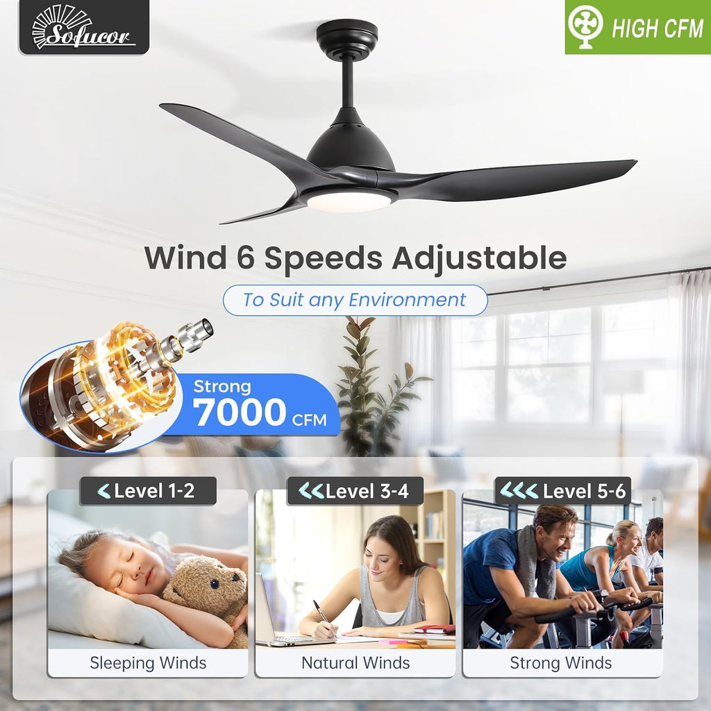 Sofucor 52 Inch Smart Ceiling Fan with Light, Modern Ceiling Fan with 3 Plastic Blade, Quiet, Dimmable, Compatible with Alexa/Google/App, 6 Speeds 7000CFM, Timer Quiet Reversible DC Motor, Black