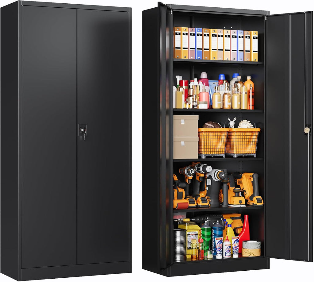 Metal Storage Cabinet with Locking Doors, Tall Cabinets for Home, Office, Warehouse Organizer (Black)