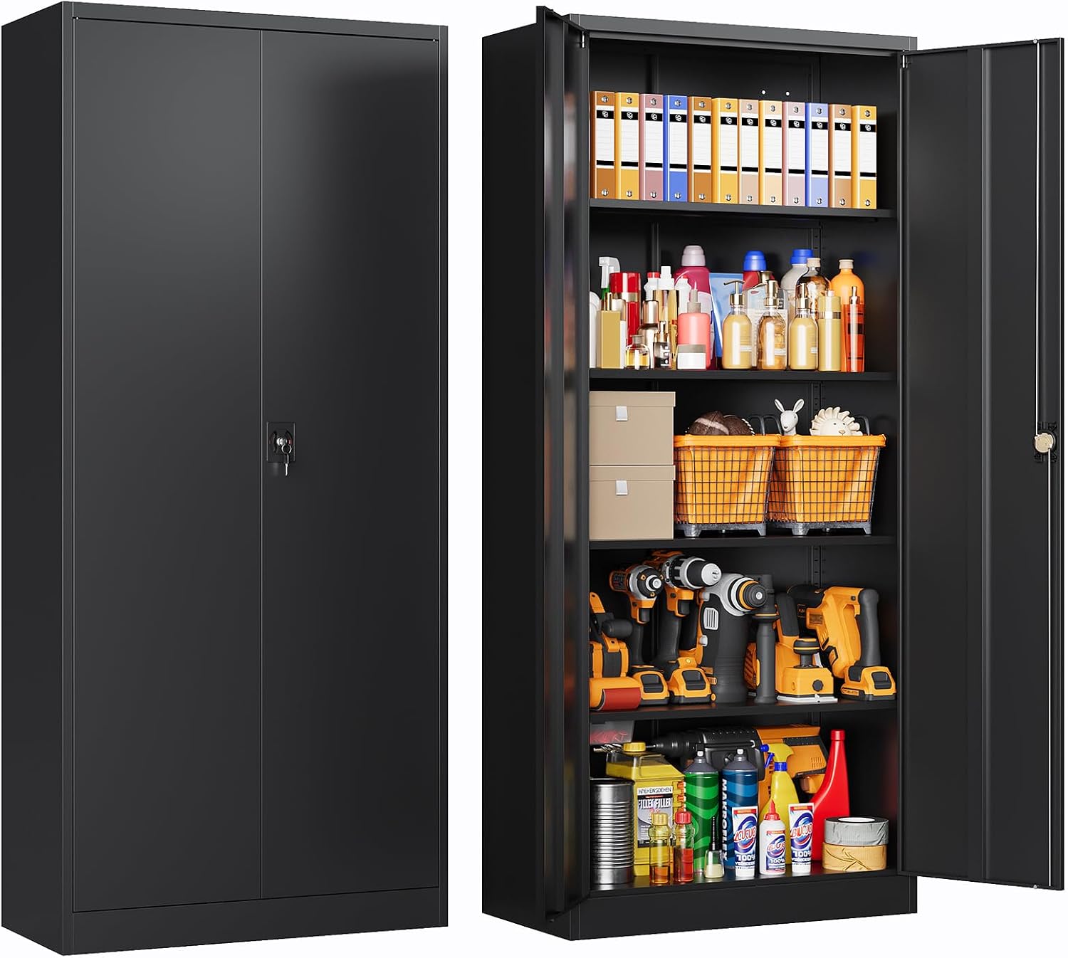 Metal Storage Cabinet with Locking Doors, Tall Cabinets for Home, Office, Warehouse Organizer (Black)