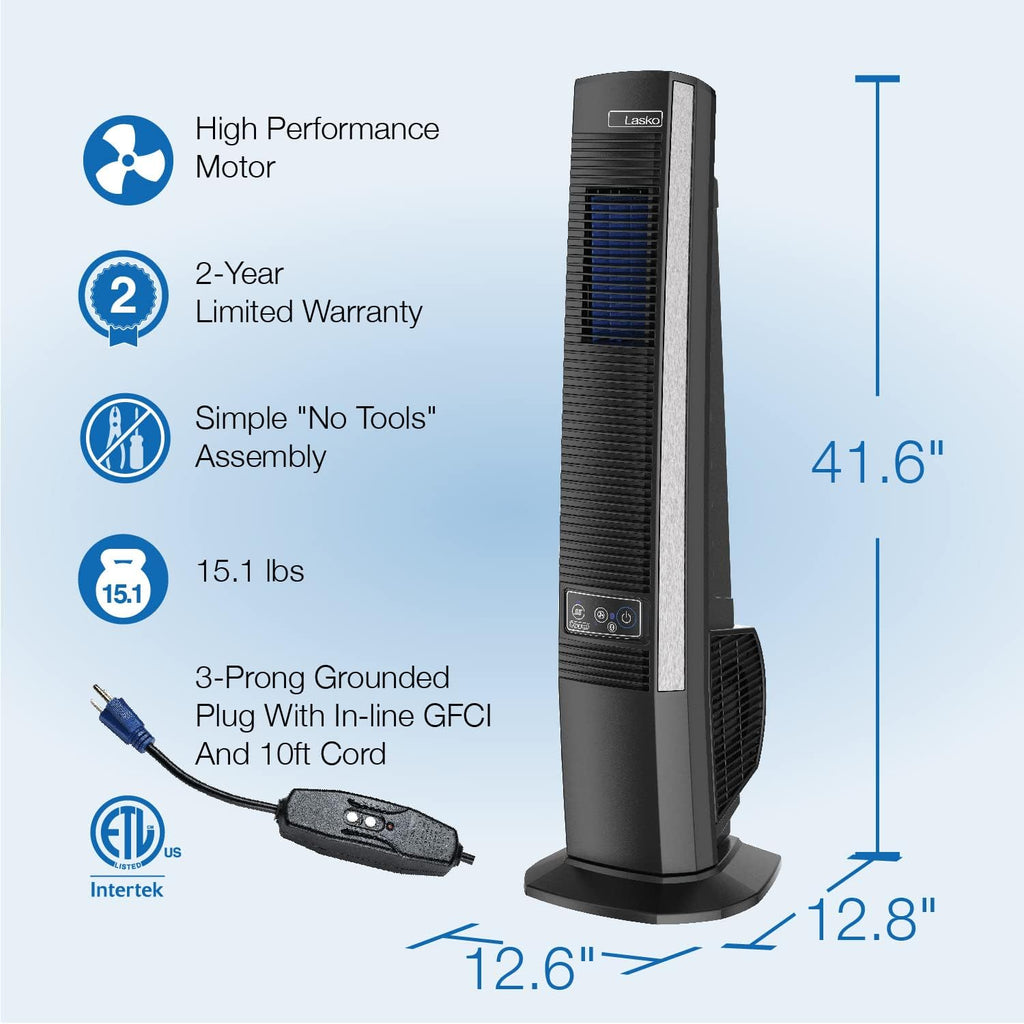 Lasko 42' Portable Outdoor Tower Fan with Bluetooth Technology for Decks, Patios and Porches with 4 Speeds, Night Mode, Internal Oscillation, Black, YF200, Large