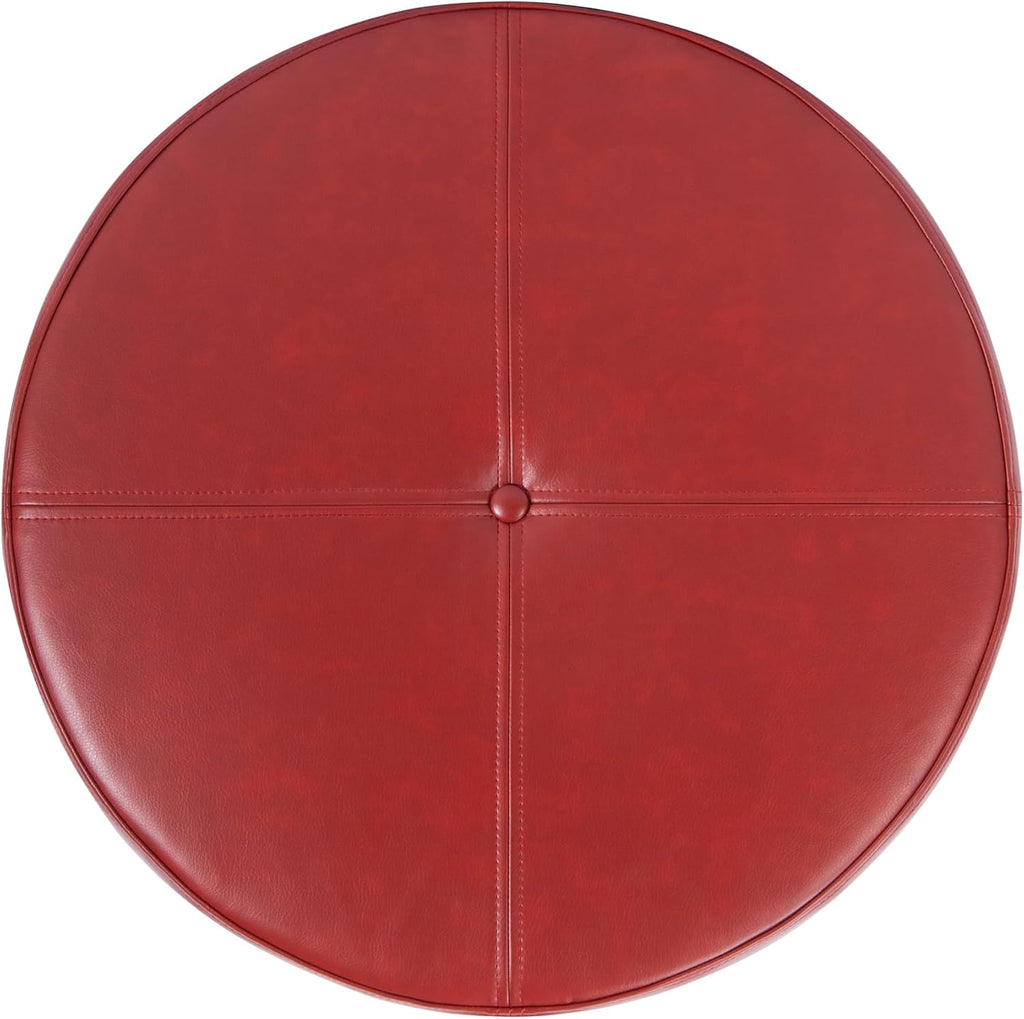 HomePop Round Leatherette Storage Ottoman with Lid, Cinnamon Red Large