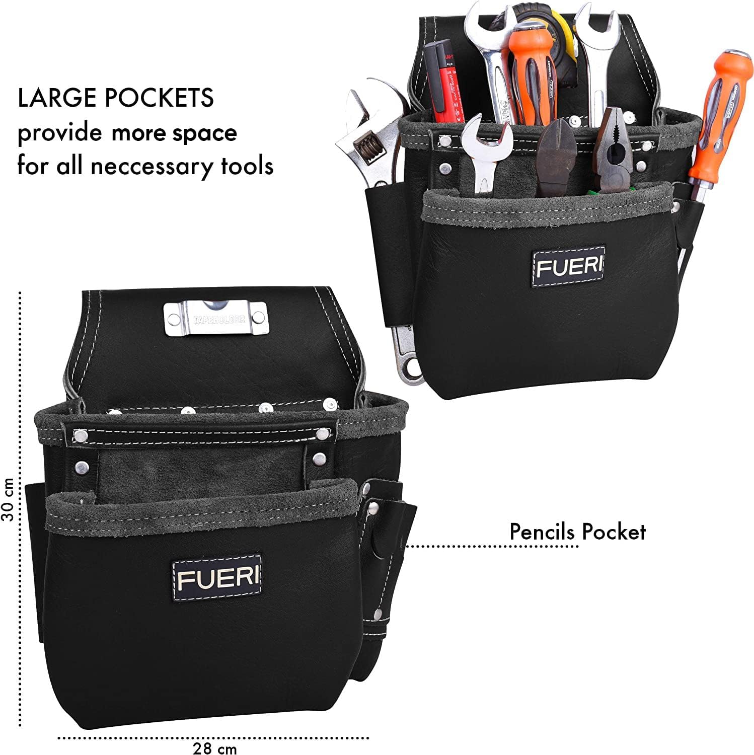 FUERI Full Grain Leather tool belts for men, Heavy-duty Carpenter Tool Rig organizer with 17 Pockets pouches, hammer holder, 4-Suspender loops, and a foam-padded belt for Framers, and Electricians