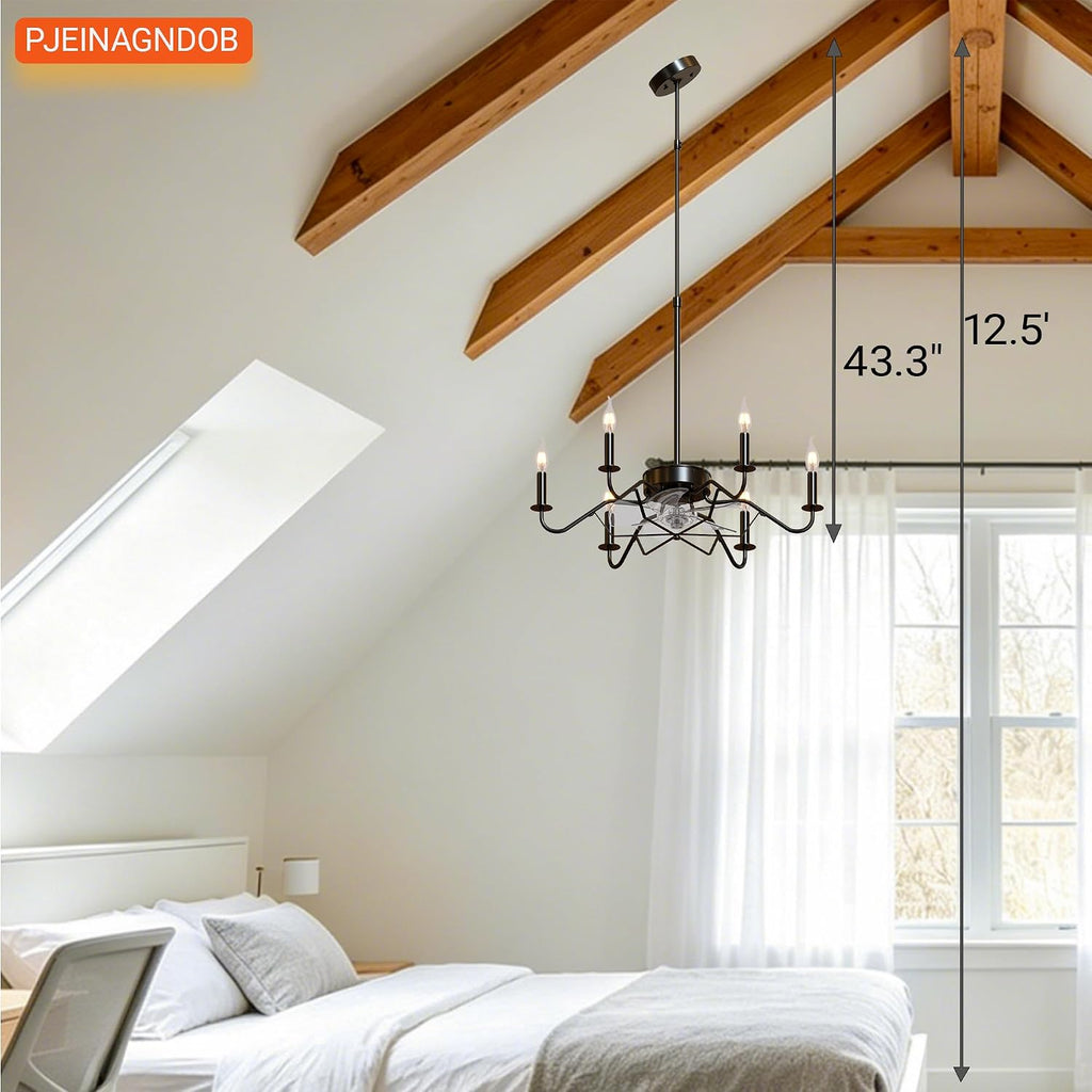 Ceiling Fan with Branch-Shaped Candlestick Chandelier 25' Farmhouse Fandelier Ceiling Fans with Lights, Rustic Hanging Chandelier for Bedroom, Dining Room, Kitchen Island, Foyer, Hallway-Black
