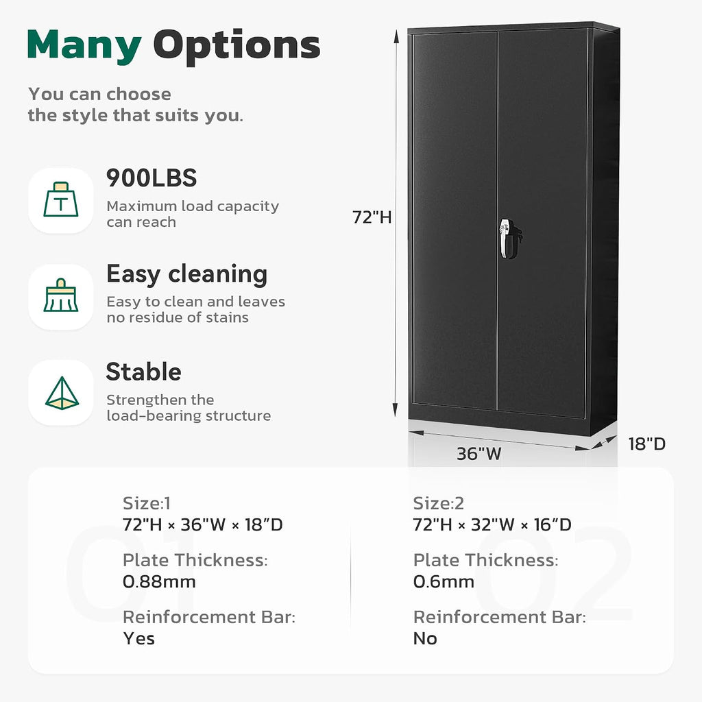 Greenvelly 72' H Metal Storage Cabinet, 36' W x 18' D Black Metal Cabinet with 2 Doors and 4 Adjustable Shelves,Locking Cabinets for Office, Home, Garage, School