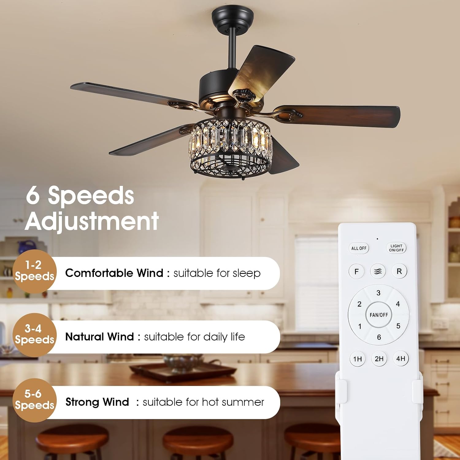 Kviflon Farmhouse Crystal Ceiling Fans with Lights and Remote, 48 Inch Chandelier Ceiling Fans, Black Fandelier Ceiling Fan for Bedroom Living Room, Quiet DC Motor, Reversible, Bulb not Included