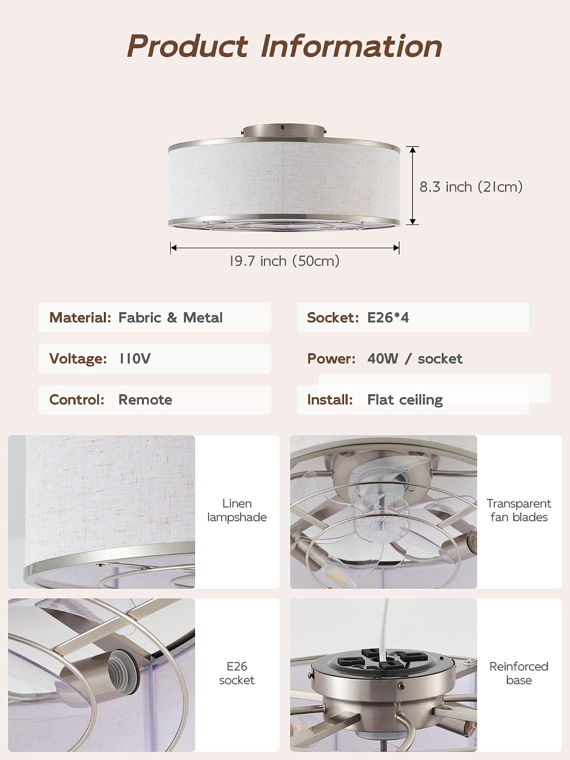 20' Silver Caged Ceiling Fans with Lights, Boho Flush Mount Ceiling Fan with Light and Remote, Bladeless with 6 Speeds for Bedroom, Nursery, Living Room