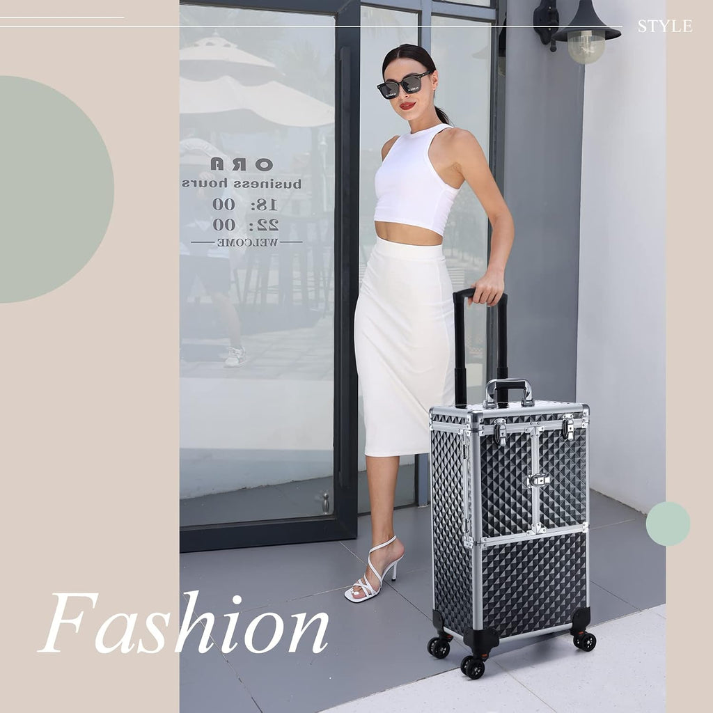 Professional Makeup Train Case Extendable Cosmetology Case on wheels | Rolling makeup station with a drawer and trays, ideal for makeup artists or dance competitions. Super organized.