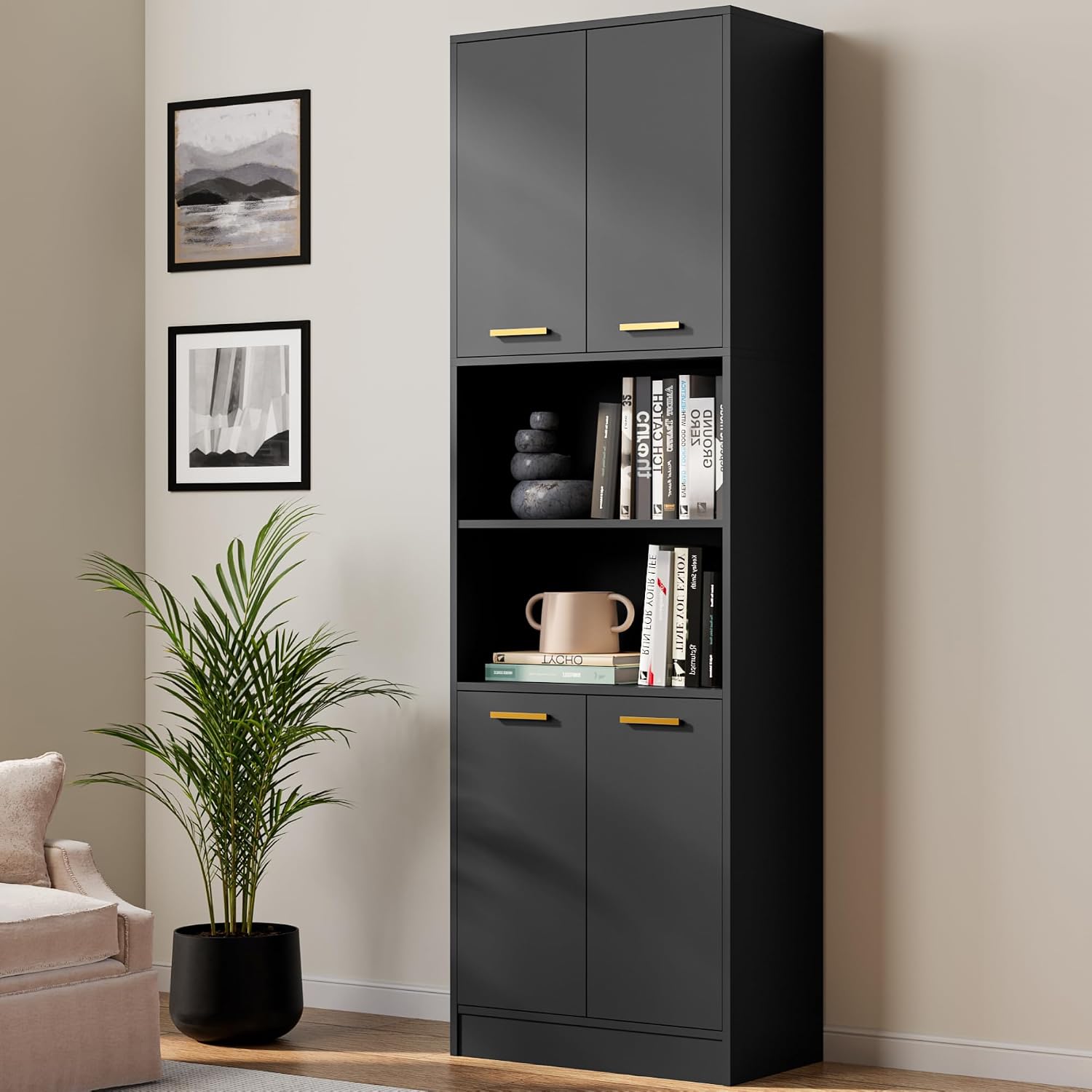 Cozy Castle Kitchen Pantry Cabinet, 75' Tall Wood Storage Cabinet with Doors and Shelves, 4 Doors Open Countertop Utility Hutch Cupboard for Dining Room Living Room Bathroom Furniture, Black