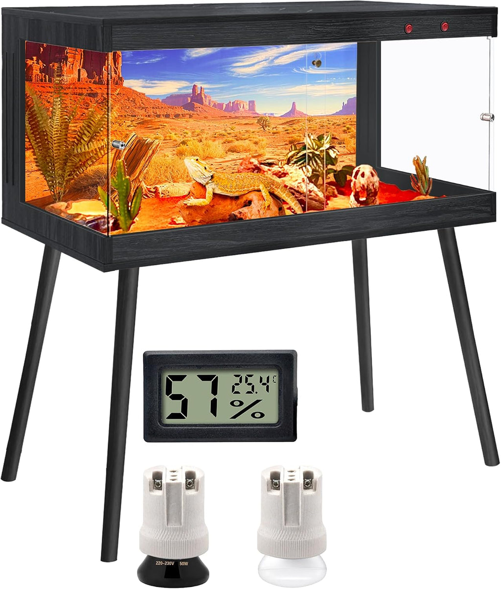 Royxen Bearded Dragon Tank, 36 Gallon Reptile Tank with Leg Stand,Built-in Lighting Reptile Enclosure, Tempered Glass Bearded Dragon Encloure for Chameleon (Black,32'x 16'x 16')