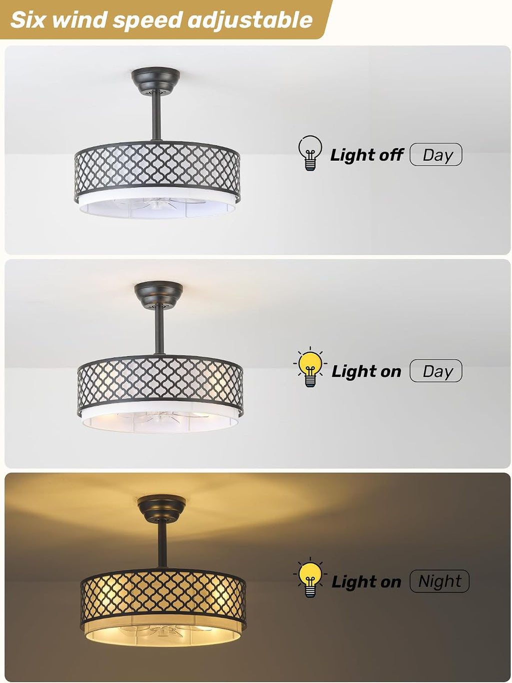 20' Black Fandelier Ceiling Fan with Lights, Rustic Farmhouse Caged Ceiling Fan with Light Remote Control, Rattan with 6 Speeds for Bedroom, Nursery, Living Room