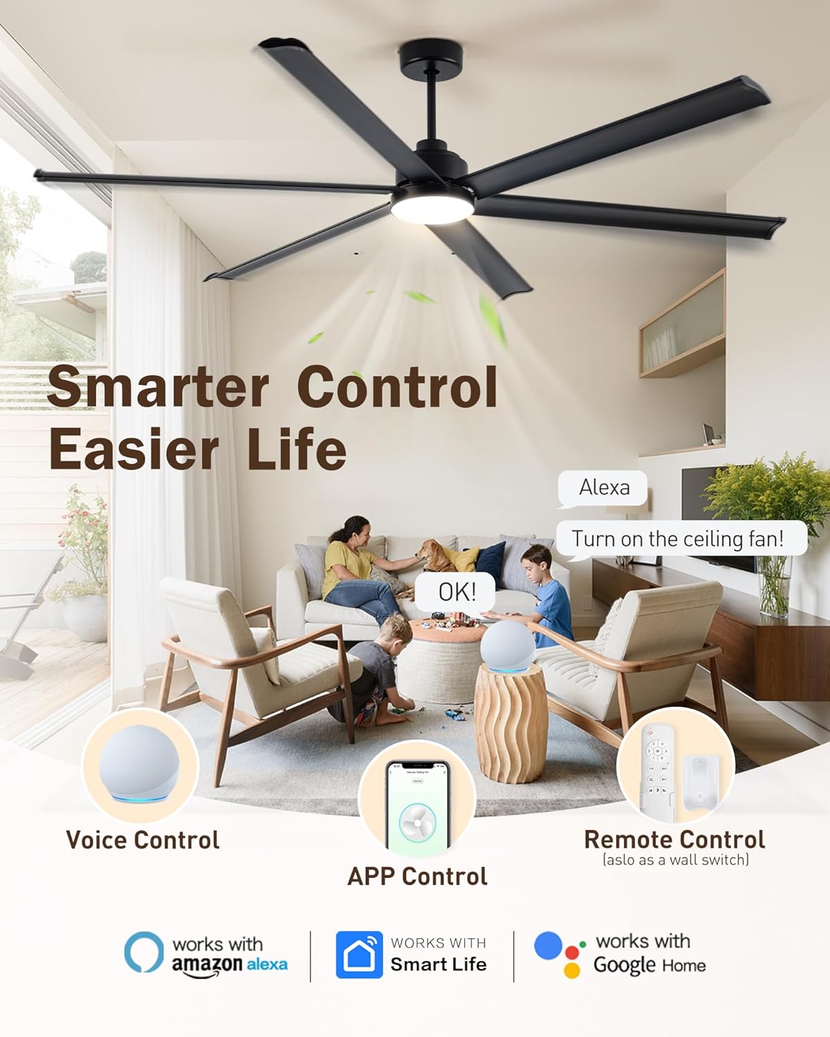 Minislak 84' Smart Alexa Industrial Ceiling Fans with Light,6 Dual-Layer Aluminum Blades,Large Black Ceiling Fan with 6 Speed Noiseless DC Motor,Indoor/Outdoor Ceiling Fan for Patio