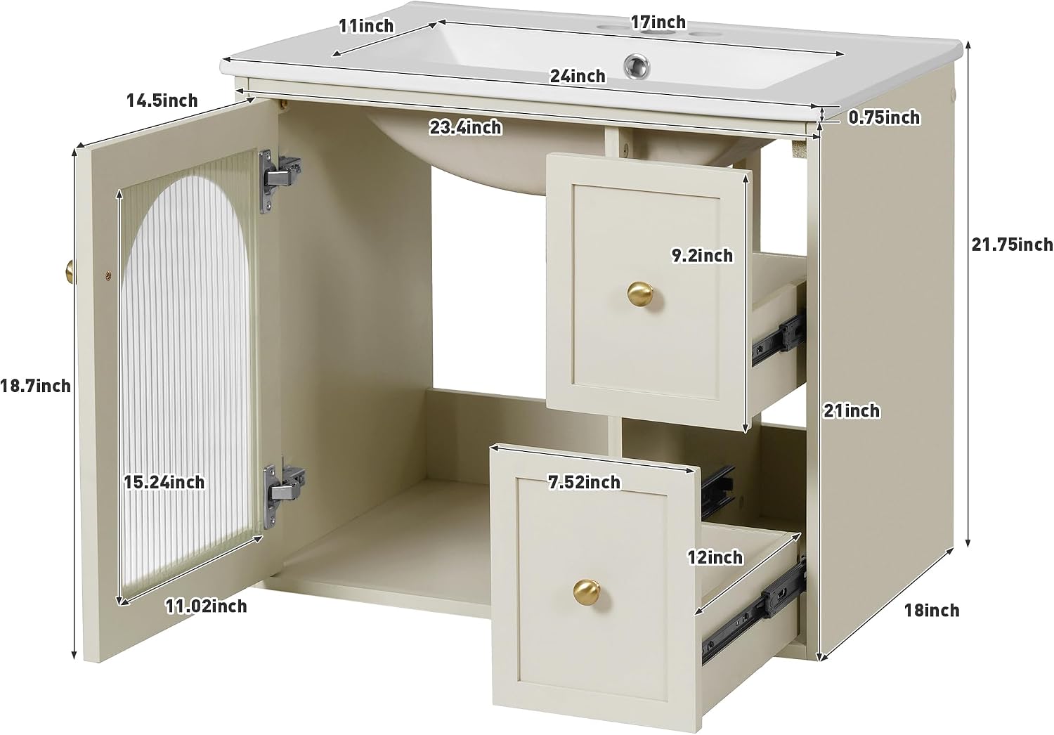 24 Inch Modern Wall Mounted Floating Bathroom Vanity Set with Ceramic Sink, 2 Drawers and 1 Soft-Close Door Bathroom Sink Cabinet for Guest Baths Master Suites (Beige)