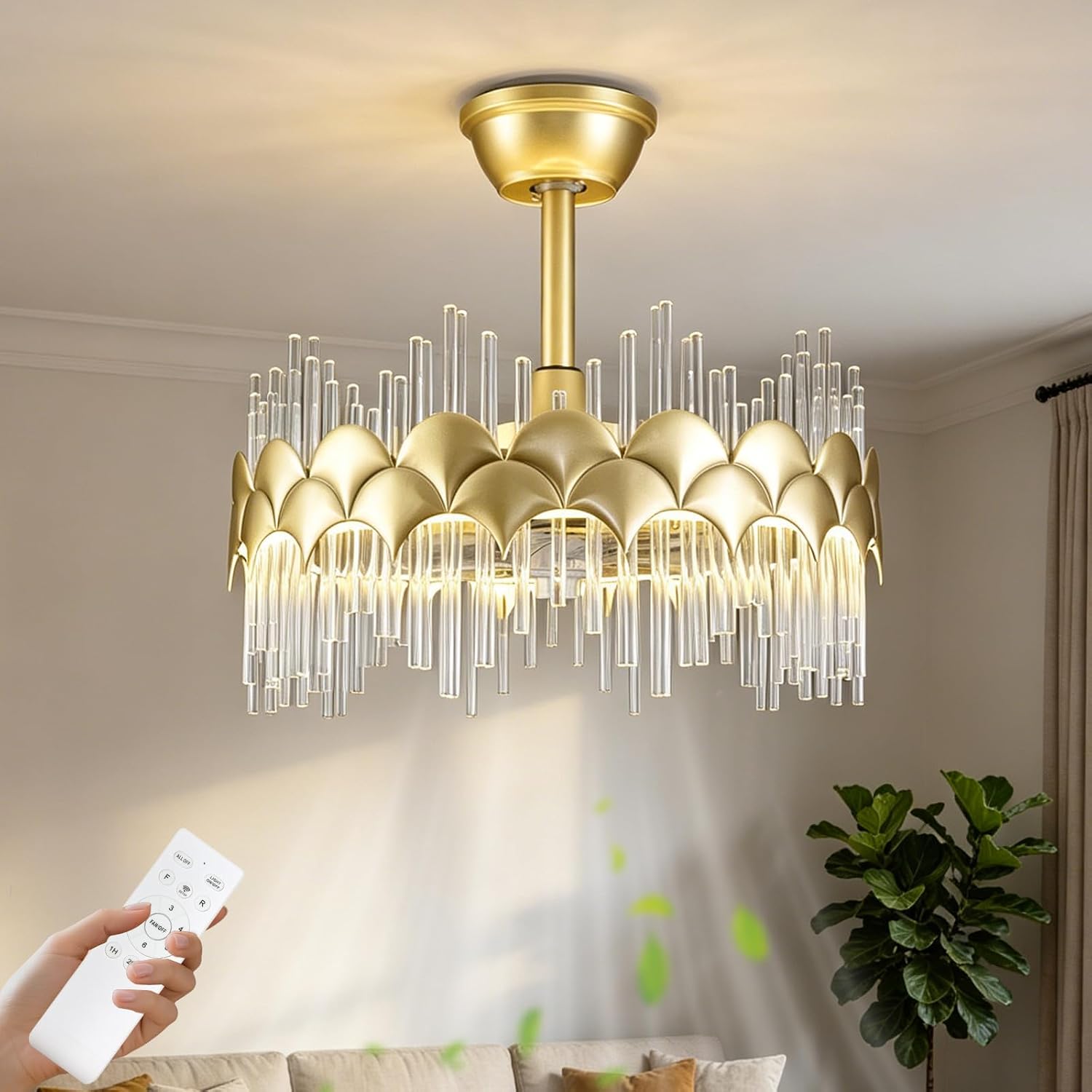 Depuley Bedroom Ceiling Fan with Lights: 20' Gold Chandelier Cagd Fan with Remote Control - Modern Crystal Fandelier for Girl's Bedroom Living Room Nursery