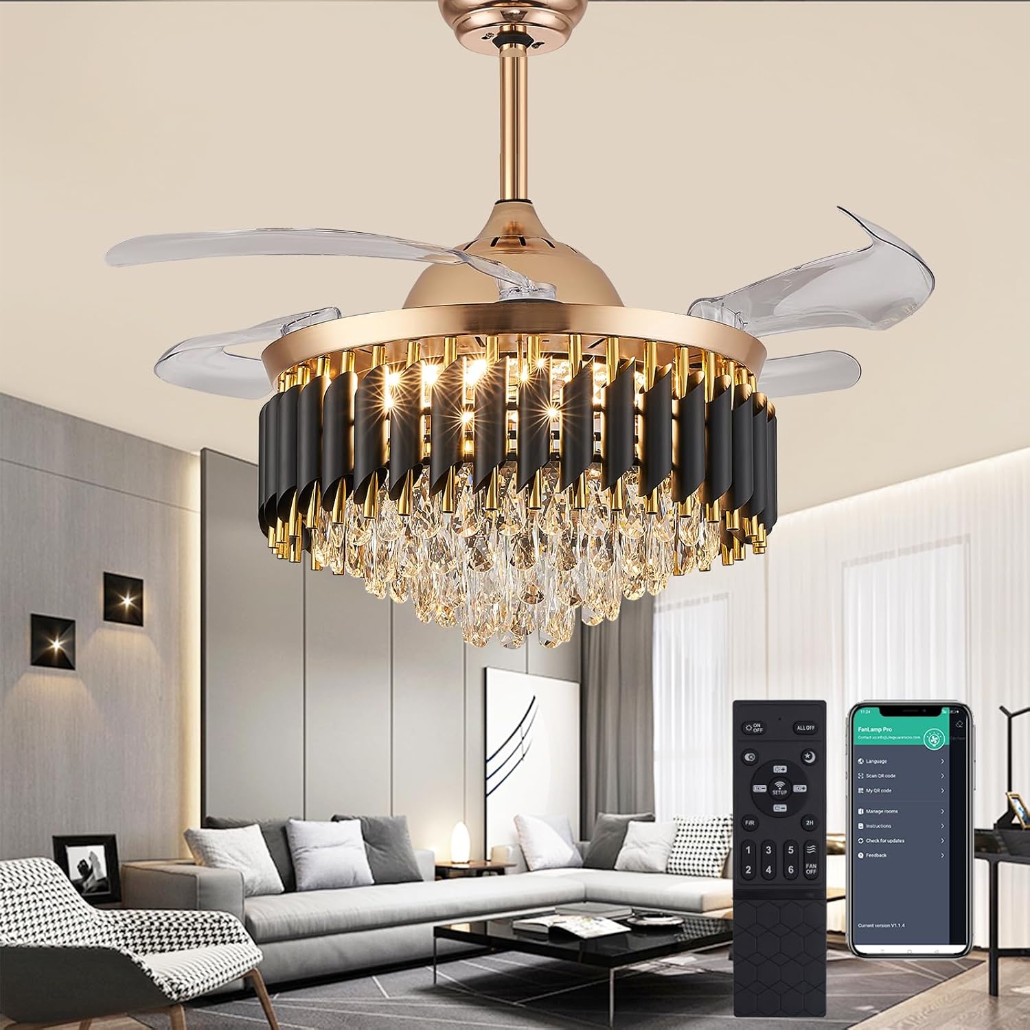 36' Dimmable Black and Gold Crystal Chandelier with Fan, Gold Fandelier Ceiling Fans with Lights and Remote Modern Retractable Blade Ceiling Fans for Dinning Room Living Room Kitchen