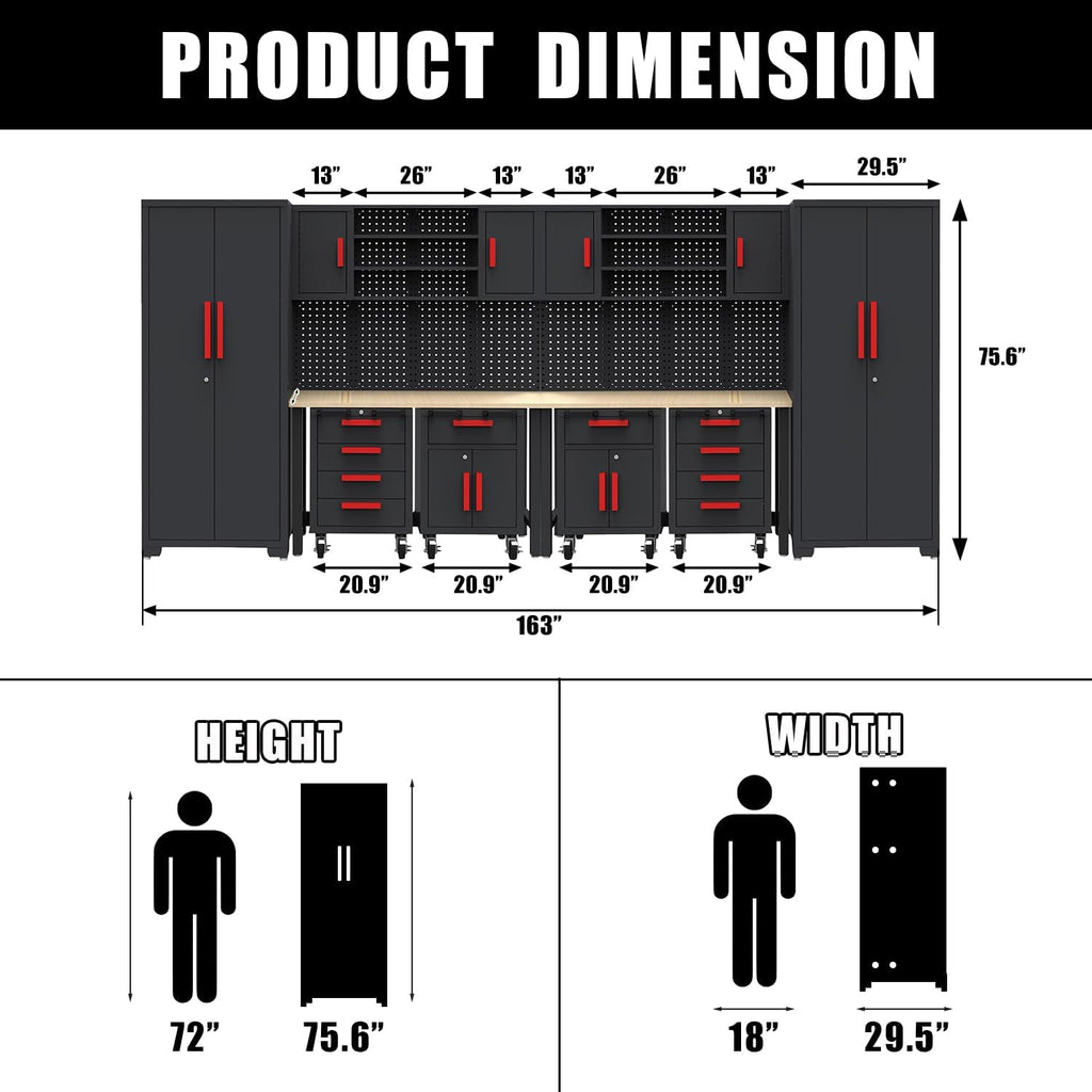 Garage Storage Cabinet System, 12PCS Garage Cabinets and Storage System Kit Workshop Set with Steel Cabinet, Cabinet Drawers, Workbench, Red Handle
