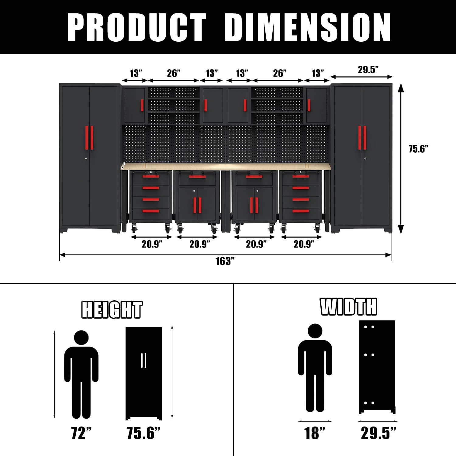 Garage Storage Cabinet System, 12PCS Garage Cabinets and Storage System Kit Workshop Set with Steel Cabinet, Cabinet Drawers, Workbench, Red Handle