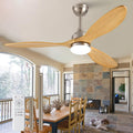 52 Inch Solid Wood Outdoor Ceiling Fans with Lights and Remote,3 Natural Wood Blades,Dimmable,6 Speed Quiet DC Motor, Indoor Outdoor Ceiling Fan for Patios Bedroom Living Room