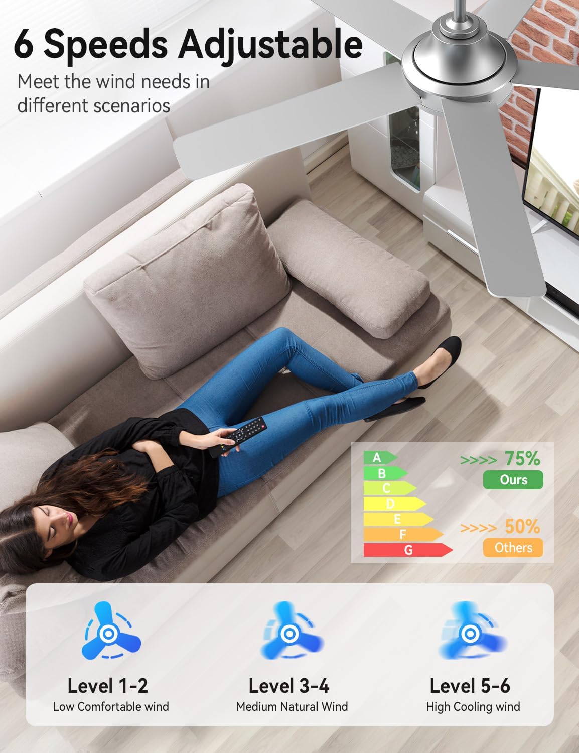 AKOFUN Ceiling Fans with Lights and Remote, Low Profile Ceiling Fan with Light, 6 Speed, Dimmable, DC Motor, Quiet, Timer, Modern LED Ceiling Fan for Bedroom Living Room 52 inch, Silver