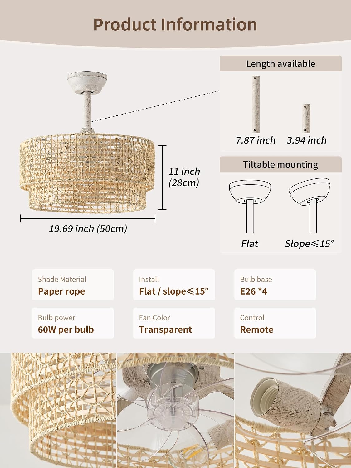 20' Boho Fandelier Ceiling Fans with Lights, Rattan Chandelier Ceiling Fan with Light Remote Control, Caged with 6 Speeds for Nursery, Living Room, Bedroom