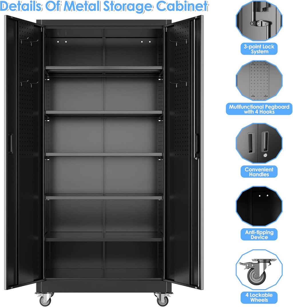 Reemoon Metal Storage Cabinet with Wheels and Pegboard, 71' Tall Garage Storage Cabinet with 5 Adjustable Shelves and Locking Doors, Heavy Duty Steel Utility Cabinet for Office