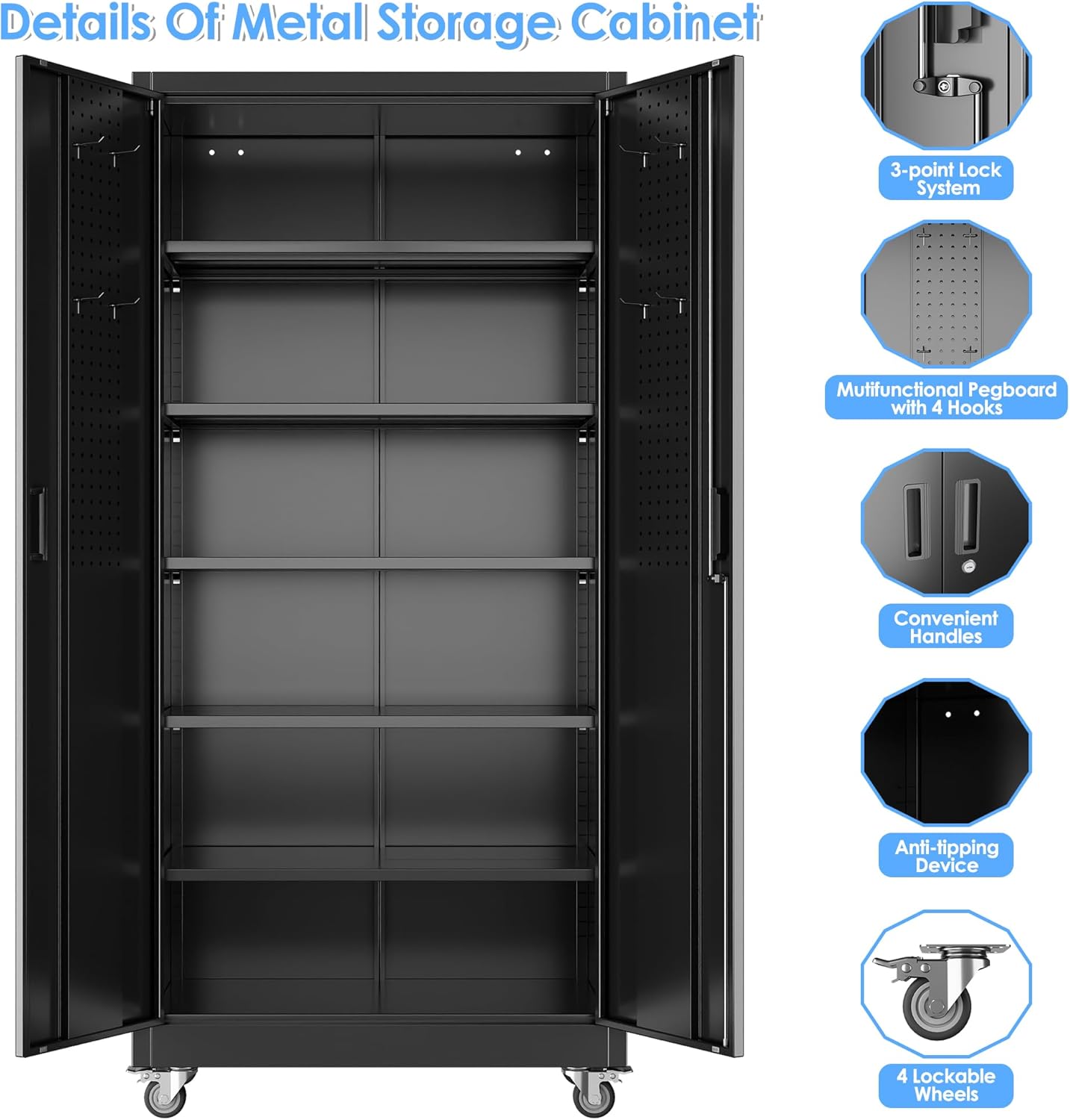 Reemoon Metal Garage Storage Cabinet with Wheels and Lockable Doors, Steel Storage Cabinet with 5 Adjustable Shelves and Pegboard for Garage Home Utility Room,Required Assembly,Black,71'H×34'W×18'D