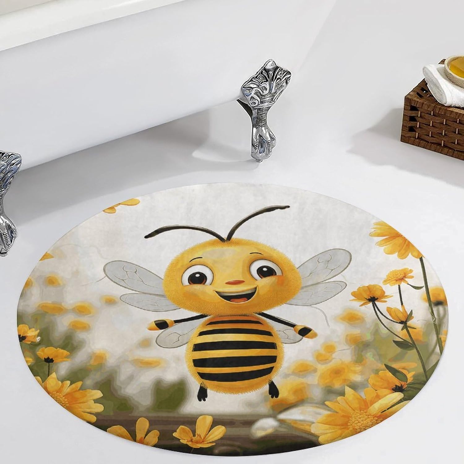 Cute Bees Daisy Flower Coral Velvet Round Floor Mat Non-Slip Bath Rug Floor Covering for Bathroom Vanity Guest Suite & Vacation Home