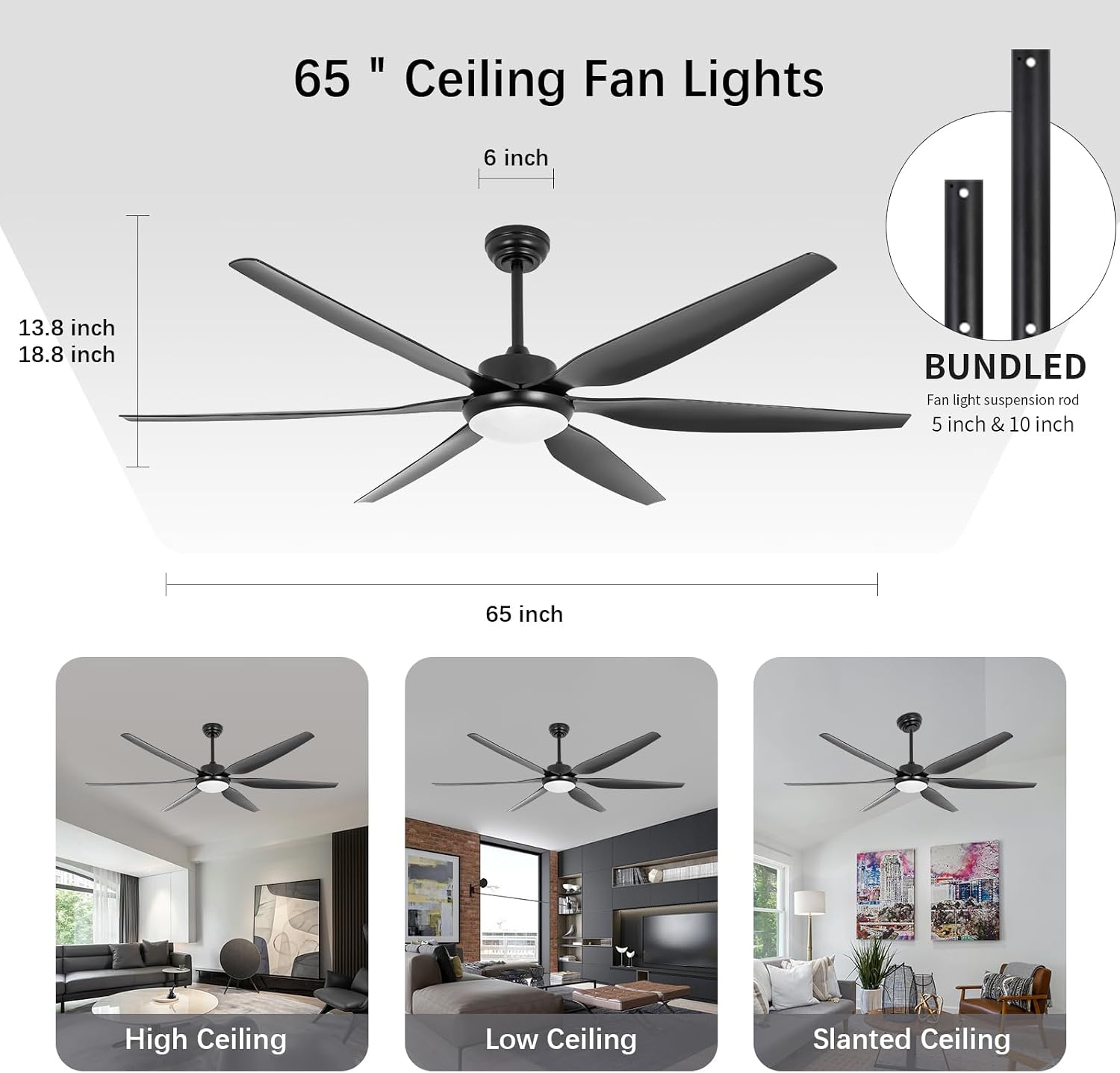 65 Inch Ceiling Fan with Lights and Remote,6 Blades,Reversible,6 Speed Noiseless DC Motor,Large Ceiling Fan Black for Indoor Outdoor Bedroom/Patios/Farmhouse