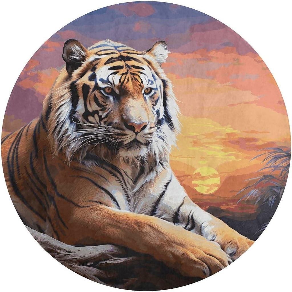 Tiger Colorful Sunset Coral Velvet Round Floor Mat Non-Slip Bath Rug Floor Covering for Bathroom Vanity Guest Suite & Vacation Home