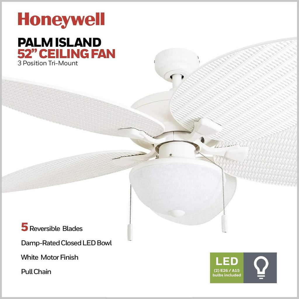 Honeywell Ceiling Fans Inland Breeze Tropical 52 Inch Indoor Outdoor Ceiling Fan with Light, Pull Chain, 5 Blades with Reversible Motor, White