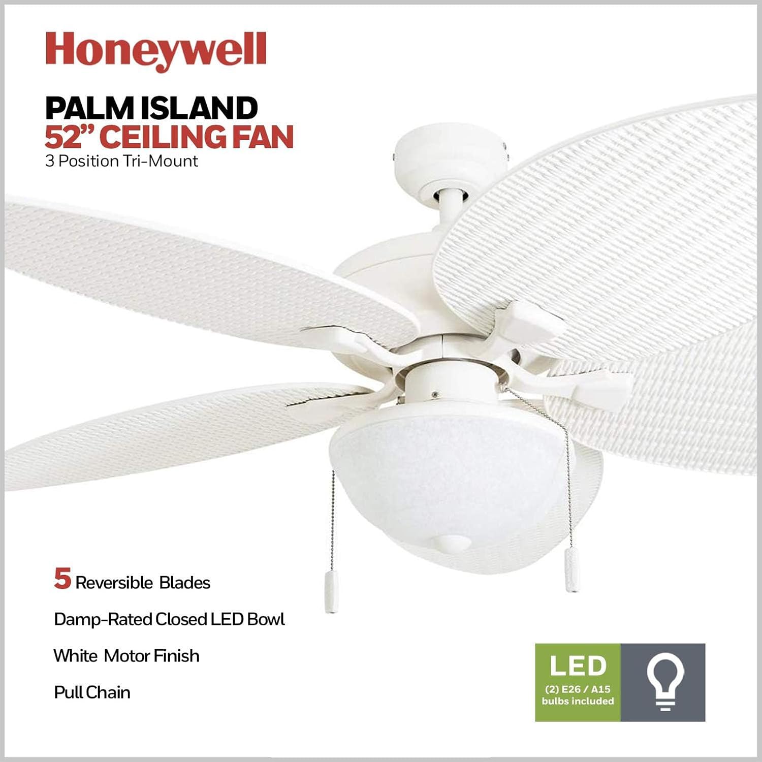Honeywell Ceiling Fans Inland Breeze Tropical 52 Inch Indoor Outdoor Ceiling Fan with Light, Pull Chain, 5 Blades with Reversible Motor, White