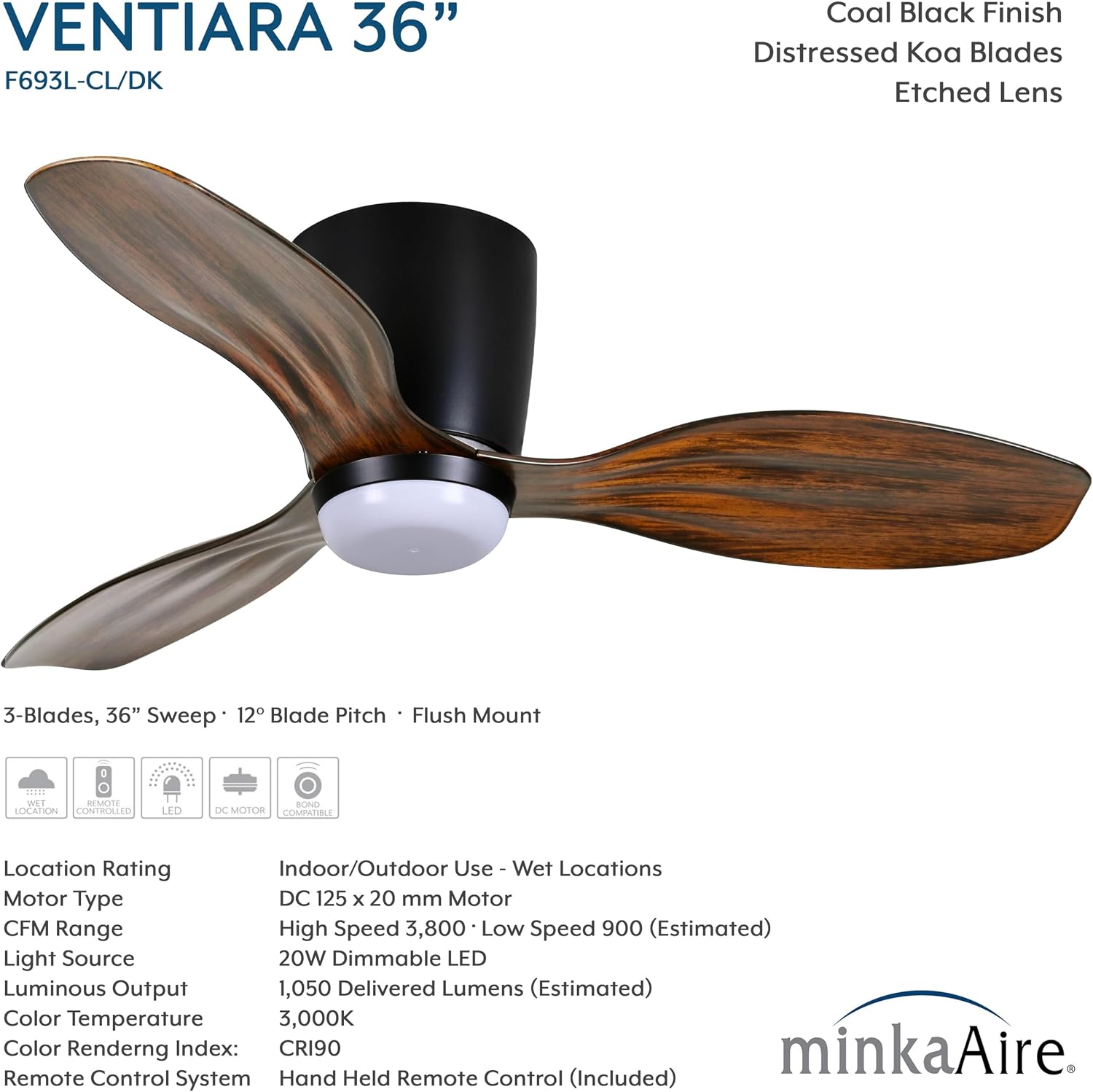 MINKA-AIRE F693L-CL/DK Ventiara 36' 3-Blade LED Flush Mount Indoor/Outdoor Ceiling Fan in Coal Black and Distressed Koa Finish Blades with Etched Lens