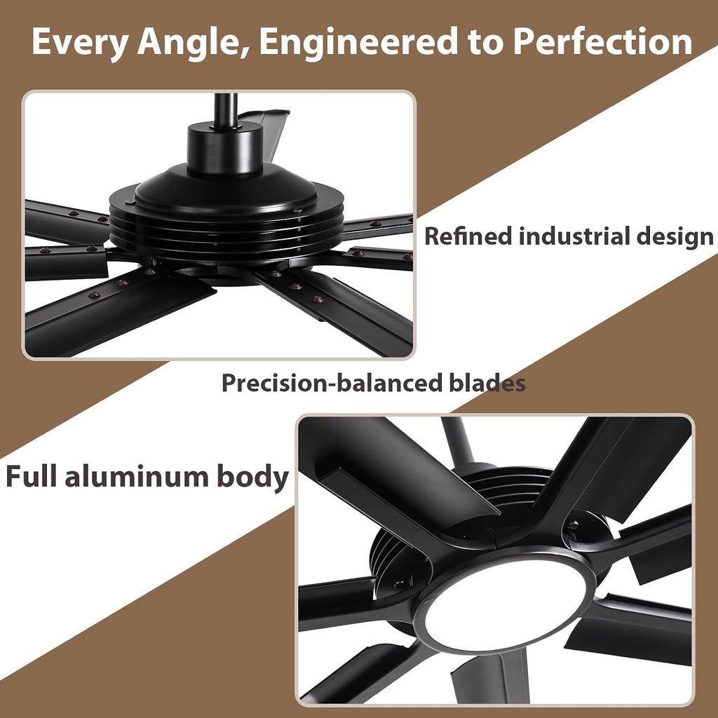 100' Large Commercial Ceiling Fan Lights & Remote - Damp-Rated Outdoor Ceiling Fans for Patios, Modern Industrial Design, 6-Speed, Dimmable LED, Use for House, Shop, Garage,High-Traffic Areas