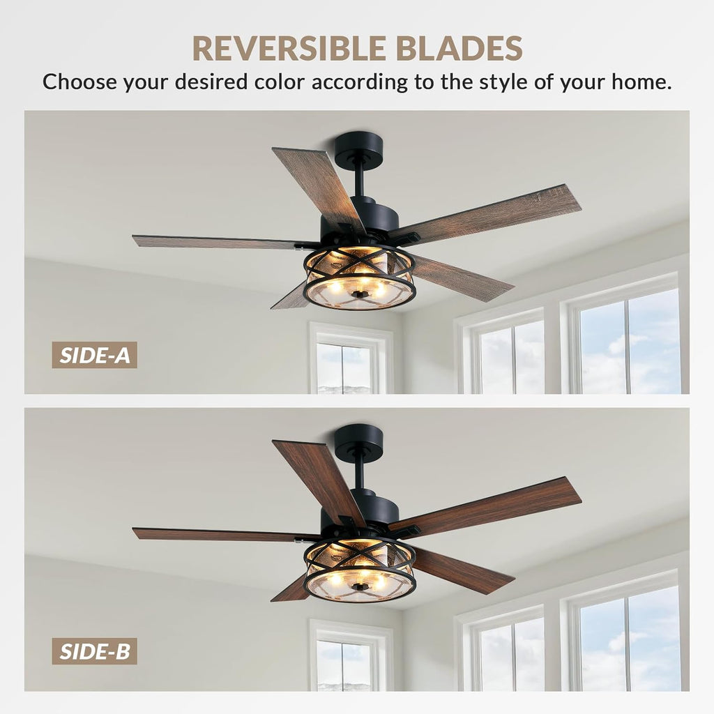 Farmhouse Ceiling Fans with Lights and Remote Control, 52 Inch Rustic Fandelier Ceiling Fan with Bubble Glass Shade 6-Speed Caged Ceiling Fan for Living Dining Room Bedroom,Walnut/Brown