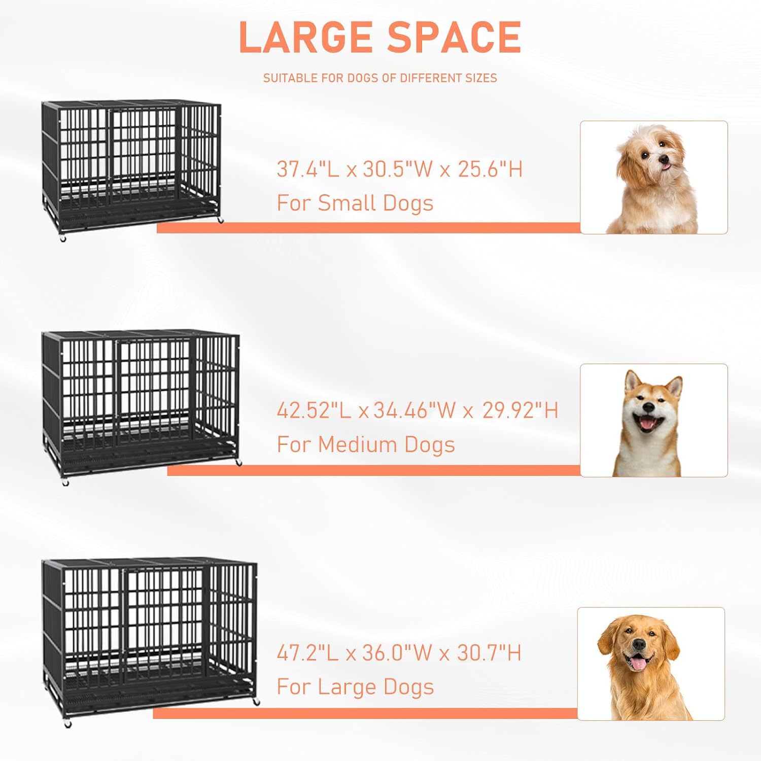 LEMBERI 38 Inch Heavy Duty Indestructible Dog Crate, High Capacity Escape Proof Double Door Kennel with Lockable Wheels, Small Metal Dog Cage with Reinforced Steel Tubes, Removable Tray, Black