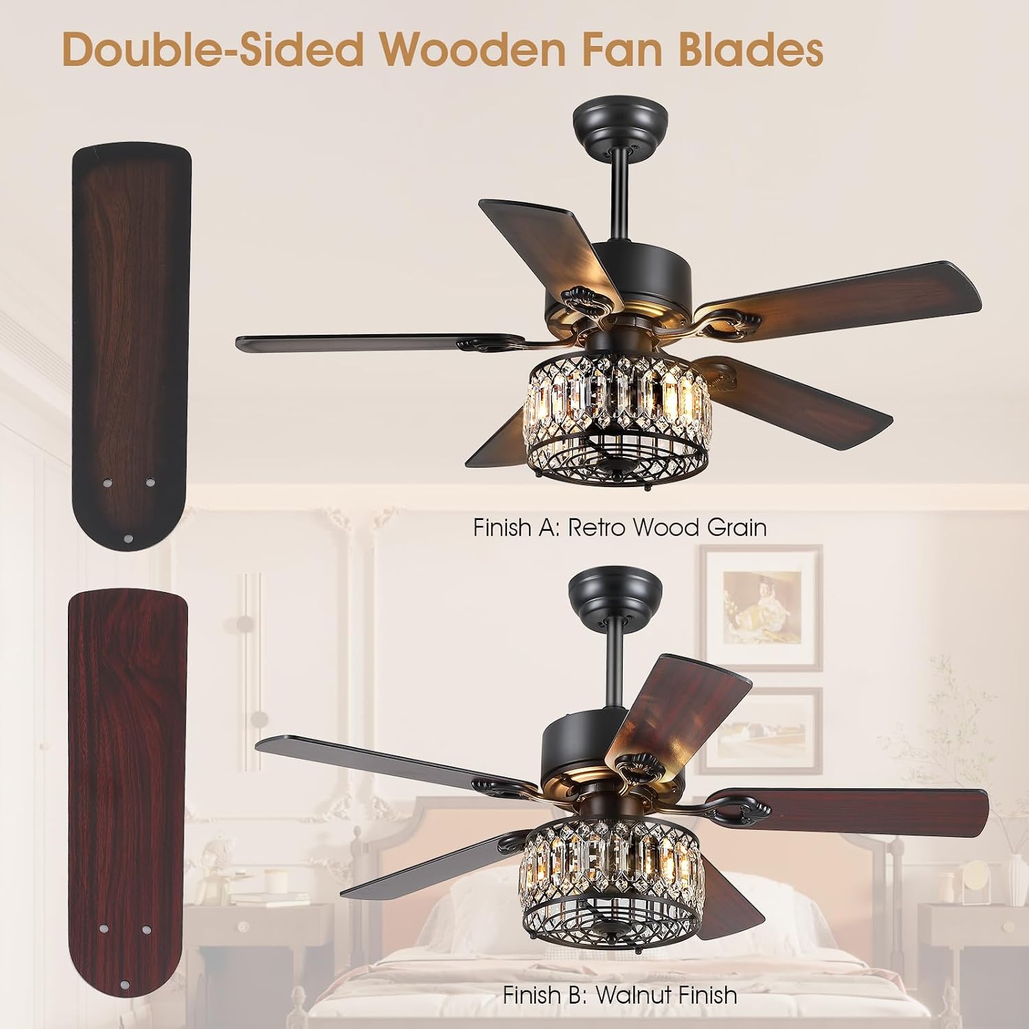 Kviflon Farmhouse Crystal Ceiling Fans with Lights and Remote, 48 Inch Chandelier Ceiling Fans, Black Fandelier Ceiling Fan for Bedroom Living Room, Quiet DC Motor, Reversible, Bulb not Included