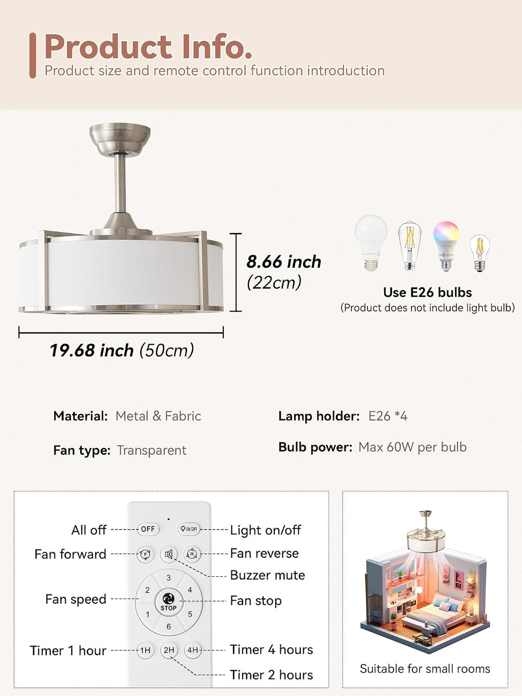 20' Silver Fandelier Ceiling Fans with Lights, Boho Rattan Ceiling Fan with Light Remote Control, Caged Mid-Century Modern with 6 Speeds for Bedroom, Nursery, Living Room