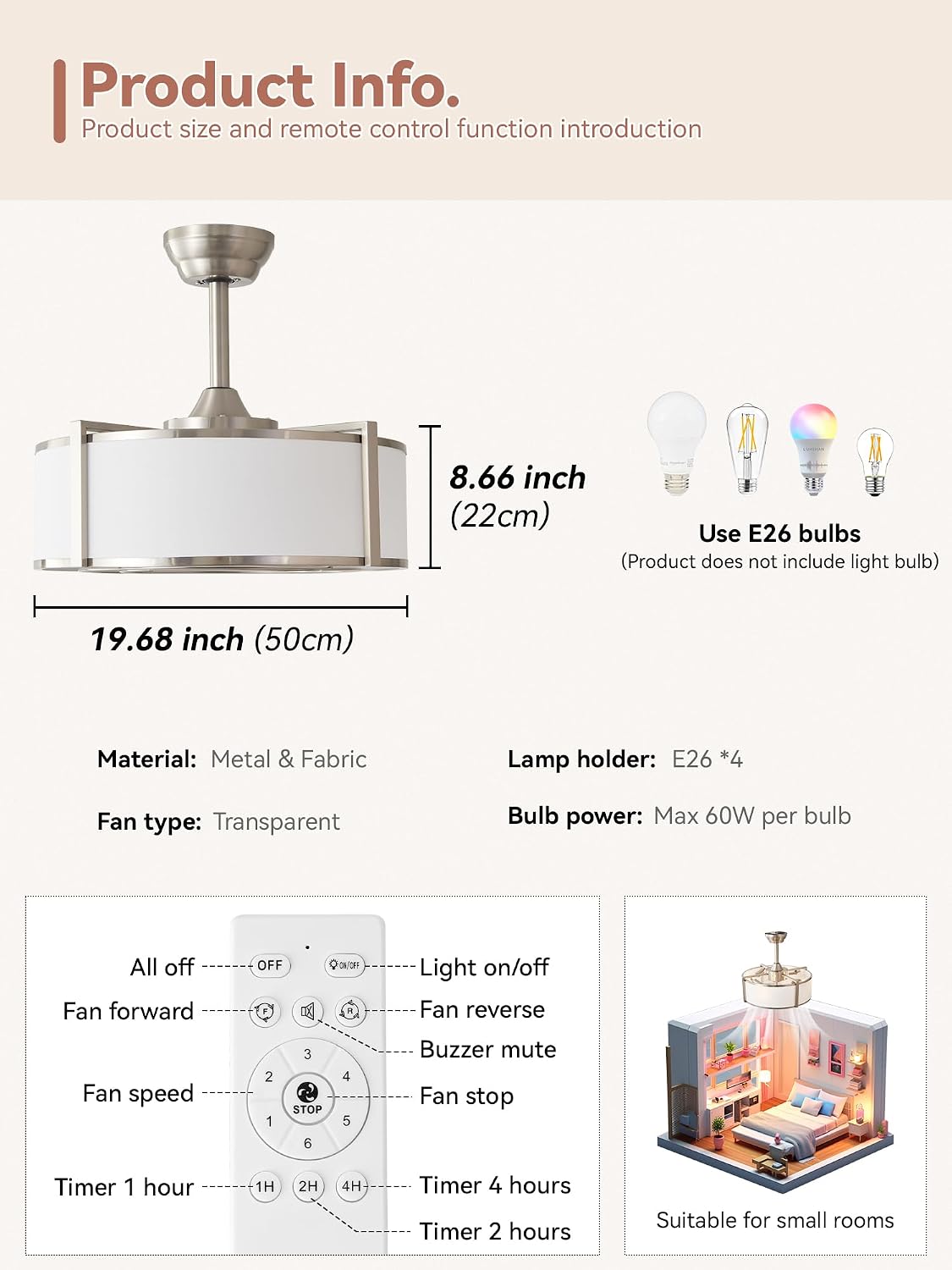 20' Silver Fandelier Ceiling Fans with Lights, Boho Rattan Ceiling Fan with Light Remote Control, Caged Mid-Century Modern with 6 Speeds for Bedroom, Nursery, Living Room