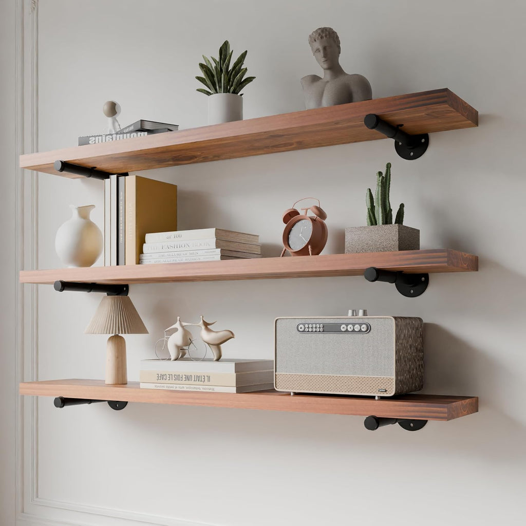 HDDFER Industrial Pipe Wall Wood Shelves,Real Wooden Shelves 36' in Walnut Color with 1.2' Extra Thickness, Modern Floating Shevles
