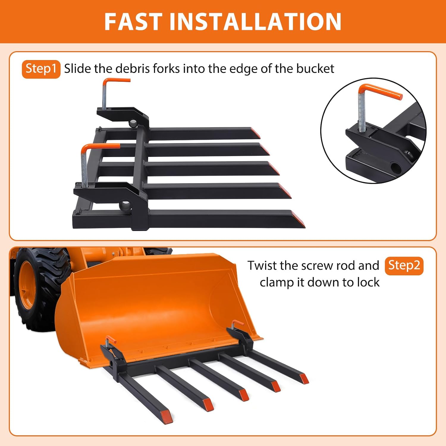 Heavy Duty Clamp-On Debris Forks for 48' Tractor Bucket – 5-Tine Pallet Fork Attachment – 2500 lbs Capacity – Fits Lawn Tractors, Loaders, Skid Steers – Agricultural Machinery Accessory